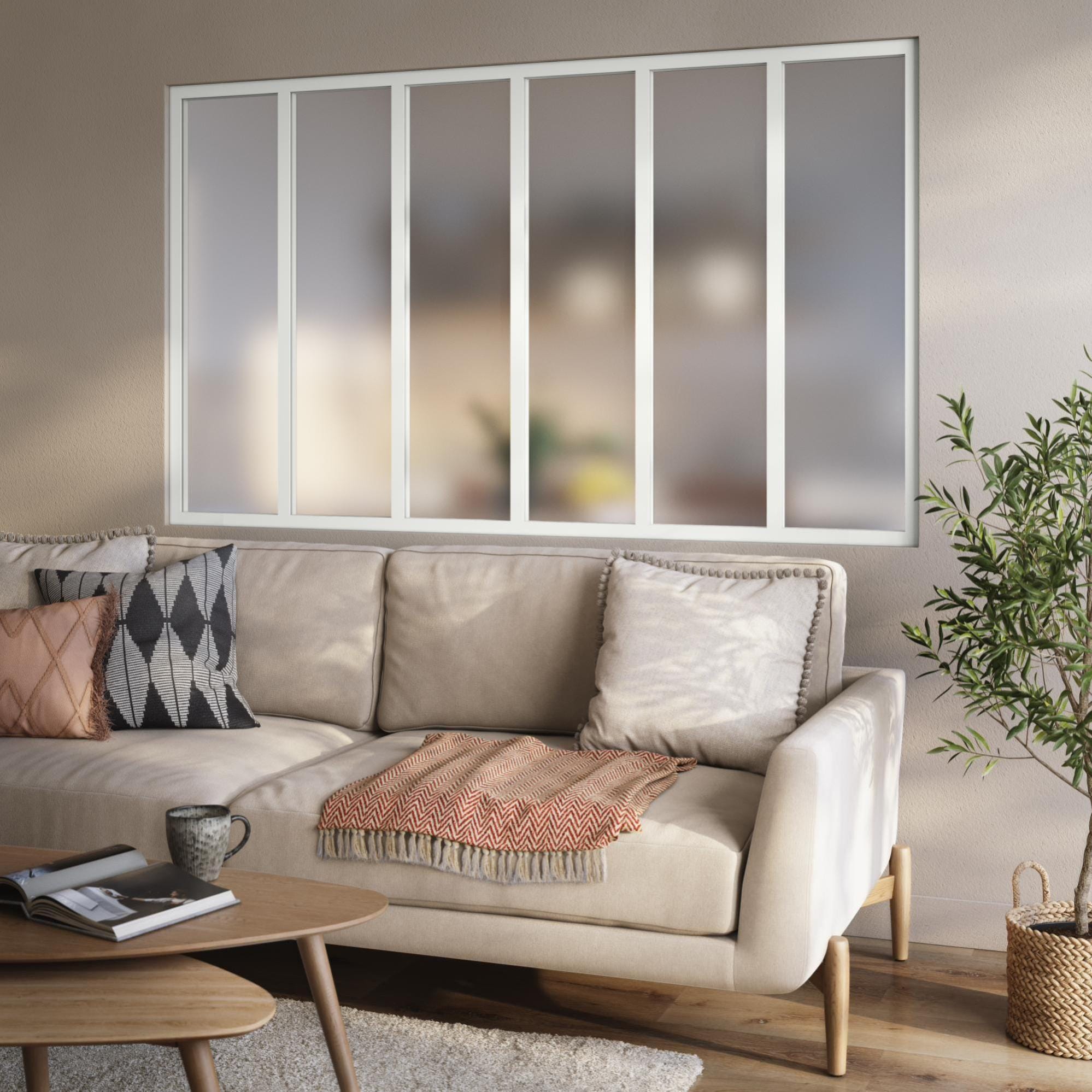 Verrière Atelier en alu blanc mat 6 vitrages givrés inclus, H.108xl.183