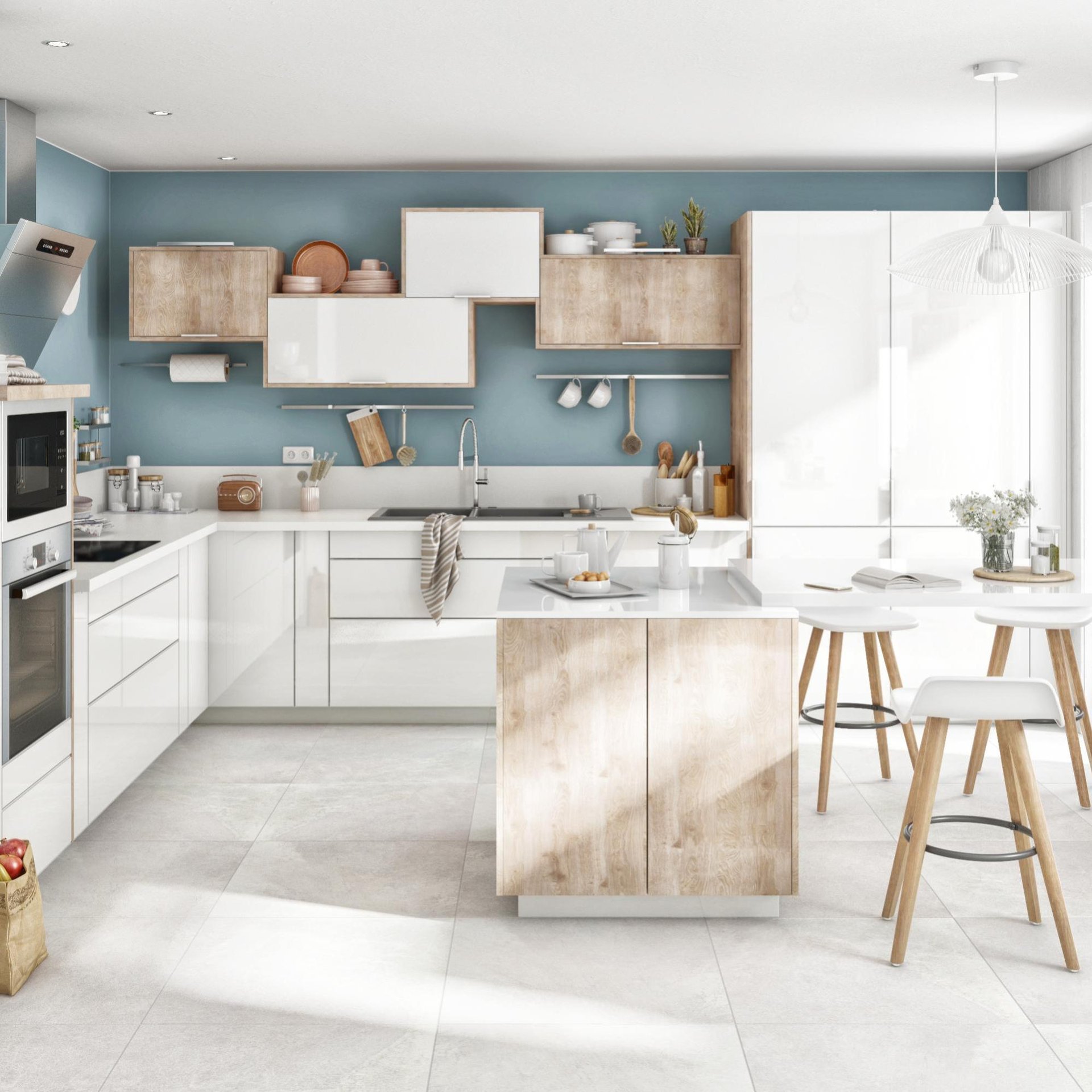 Cuisine Helsinki blanc, l.180 cm avec meuble haut et bas Leroy Merlin