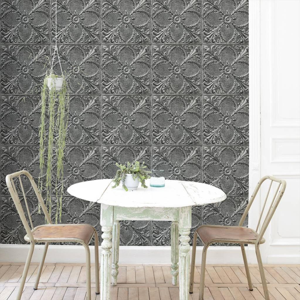 Papier peint vinyle Plaques victoriennes FLEUR petits carrés zinc