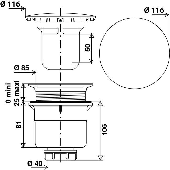 Bonde verticale pour receveur de douche diamètre 90 mm DUCHA