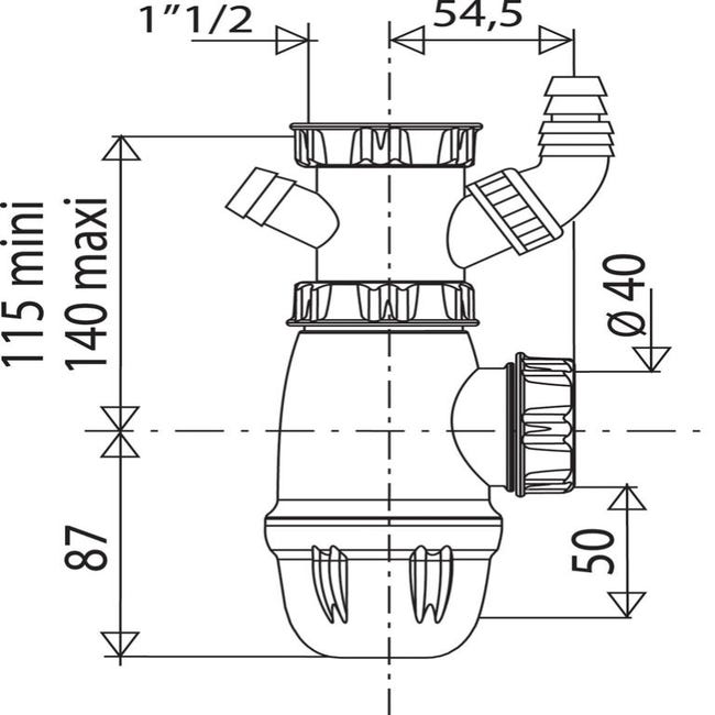 Siphon évier prises machine/trop plein, réglable 115/140 mm D.40 mm  VALENTIN