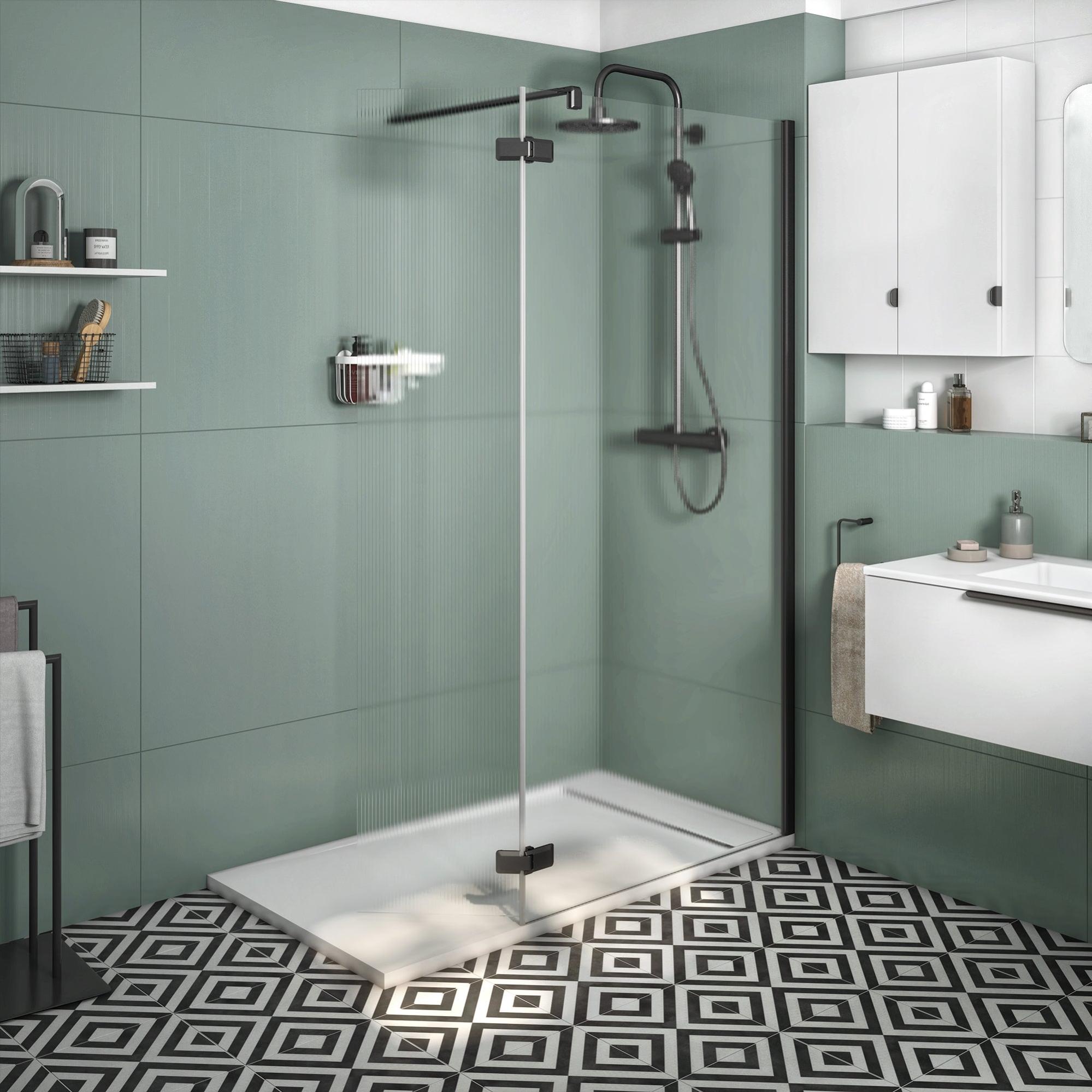 Paroi de douche à l'italienne verre rainuré, l.100+40 cm, Ep.8 mm noir