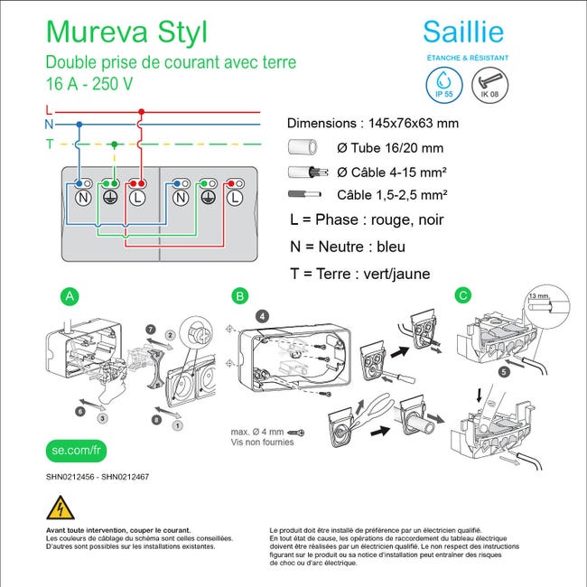 Double prise MUREVA STYL - 2P+T précâblée horizontale- saillie - IP55 -  IK08