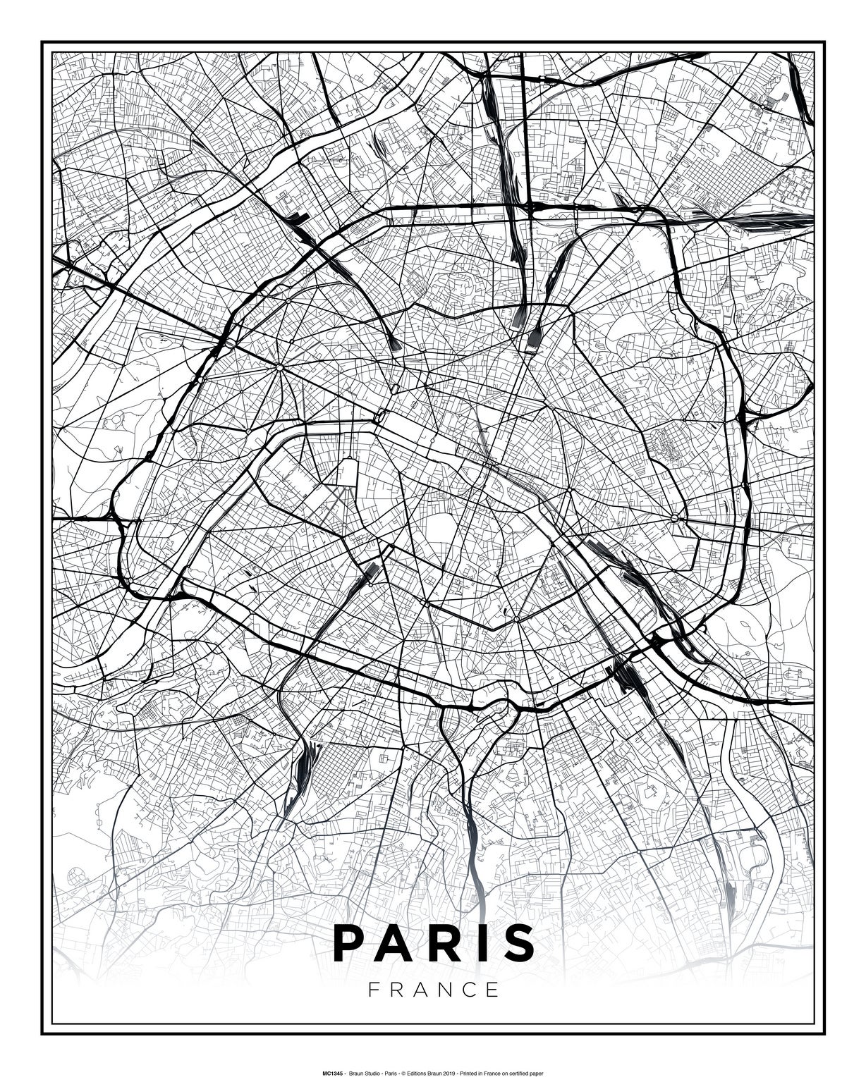 Affiche Carte de Paris gris l.40 x H.50 cm