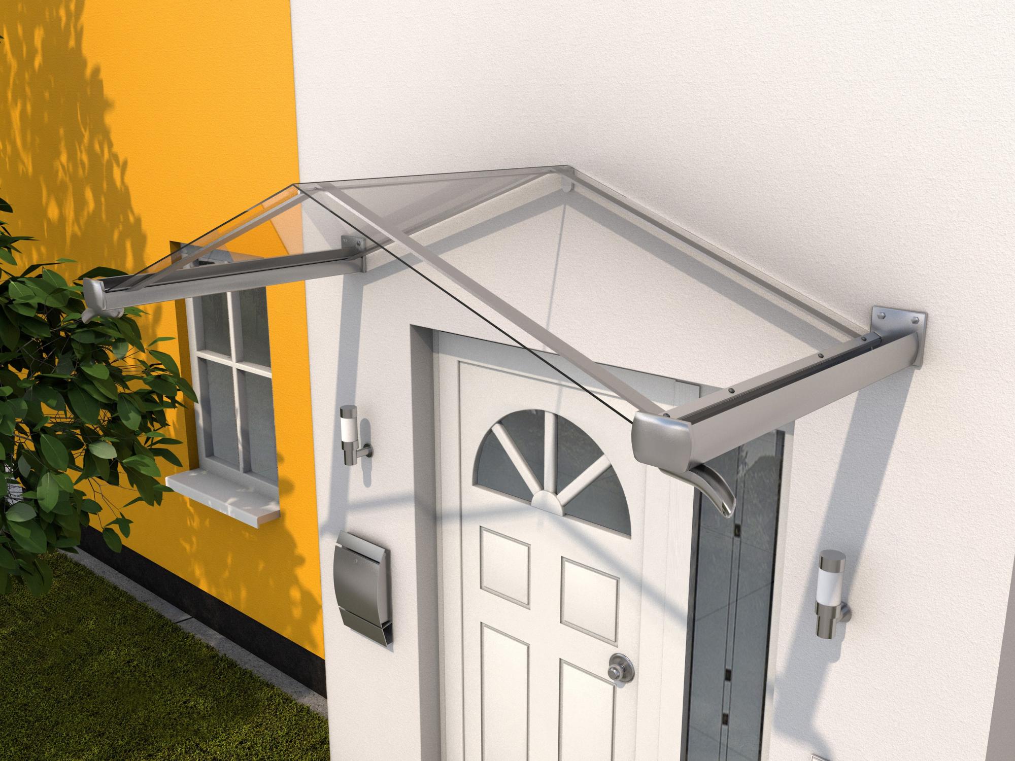 Auvent de porte d'entrée alu aspect inox Avignon XL, l.200xH.40xP.90cm