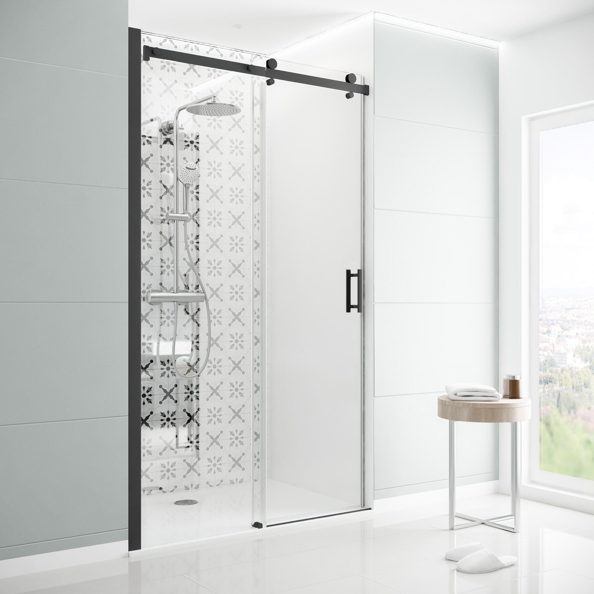 Porte de douche coulissante transparent, noir 120 cm, Delia