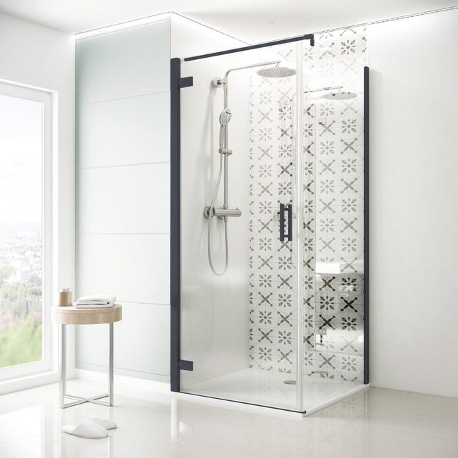 Schulte porte de douche pivotante avec porte latérale, 90 x 90 x 200 cm,  décalage l´ouverte de la porte 20 cm, verre 6 mm transparent, profilé noir