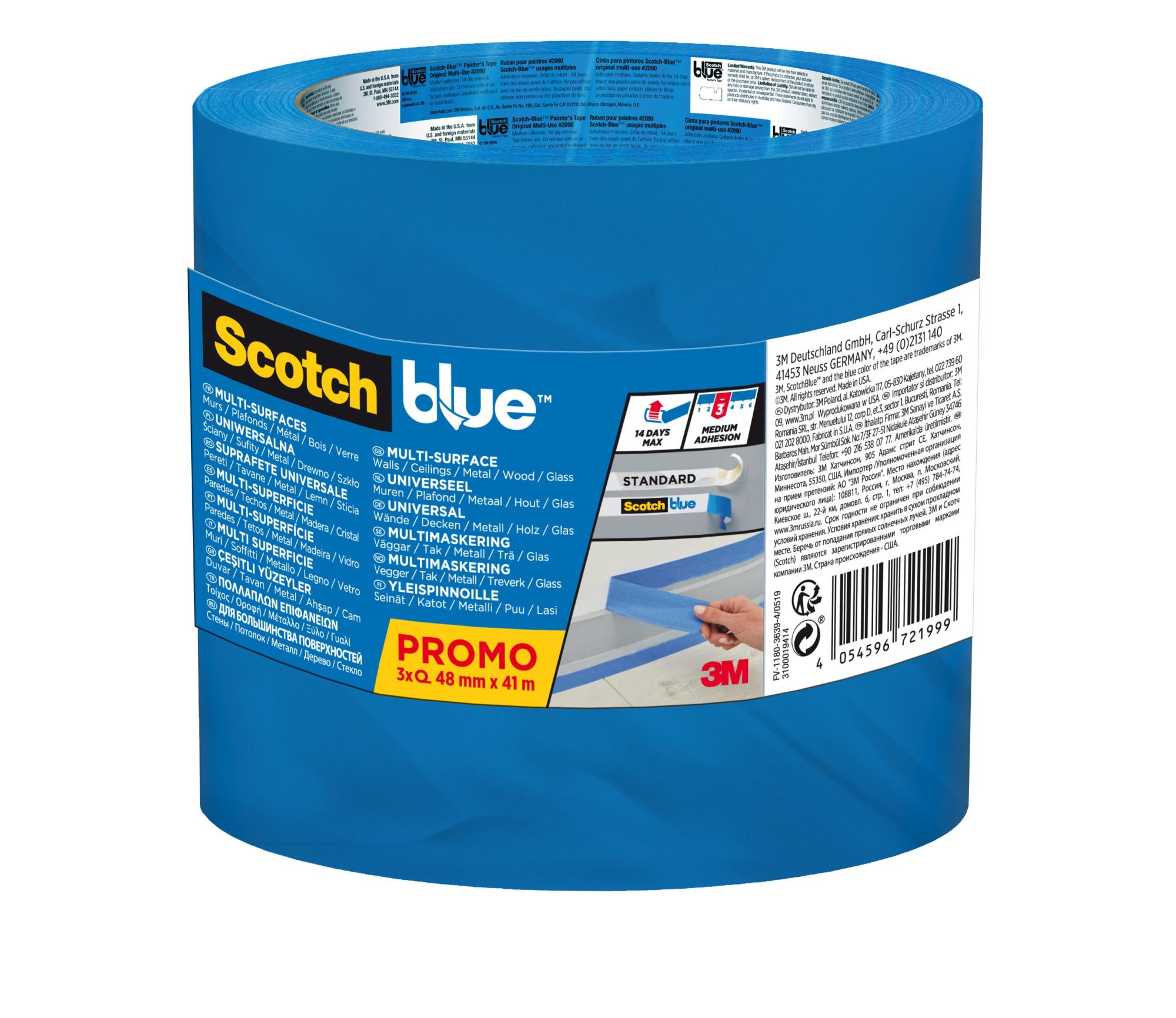 3M - Adhésif de masquage bleu multi surfaces Scotch blue - rouleau de 40 m  x 48 mm - lot de 2