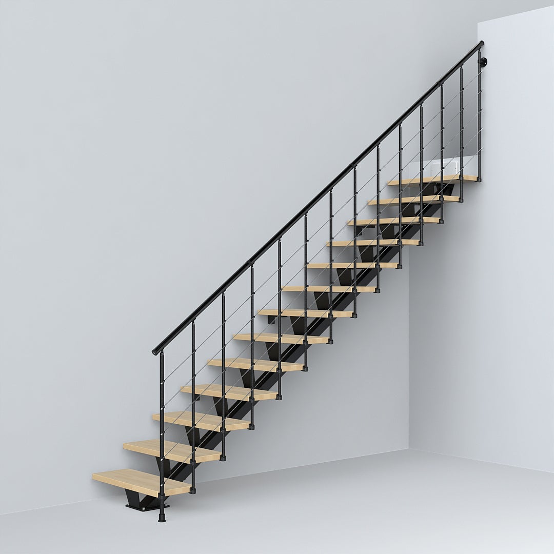 Escalier Mas Tube Droit Acier Noir 13 Marches Hêtre, L.85 Cm 