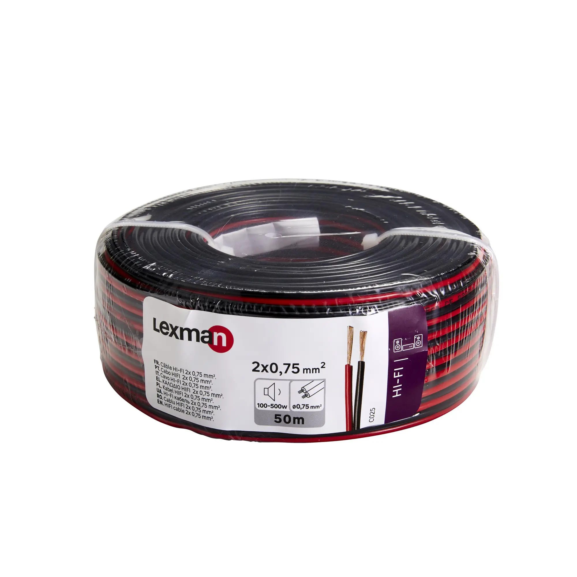 Câble enceinte hifi 2x0.75mm², 50m, noir et rouge, LEXMAN