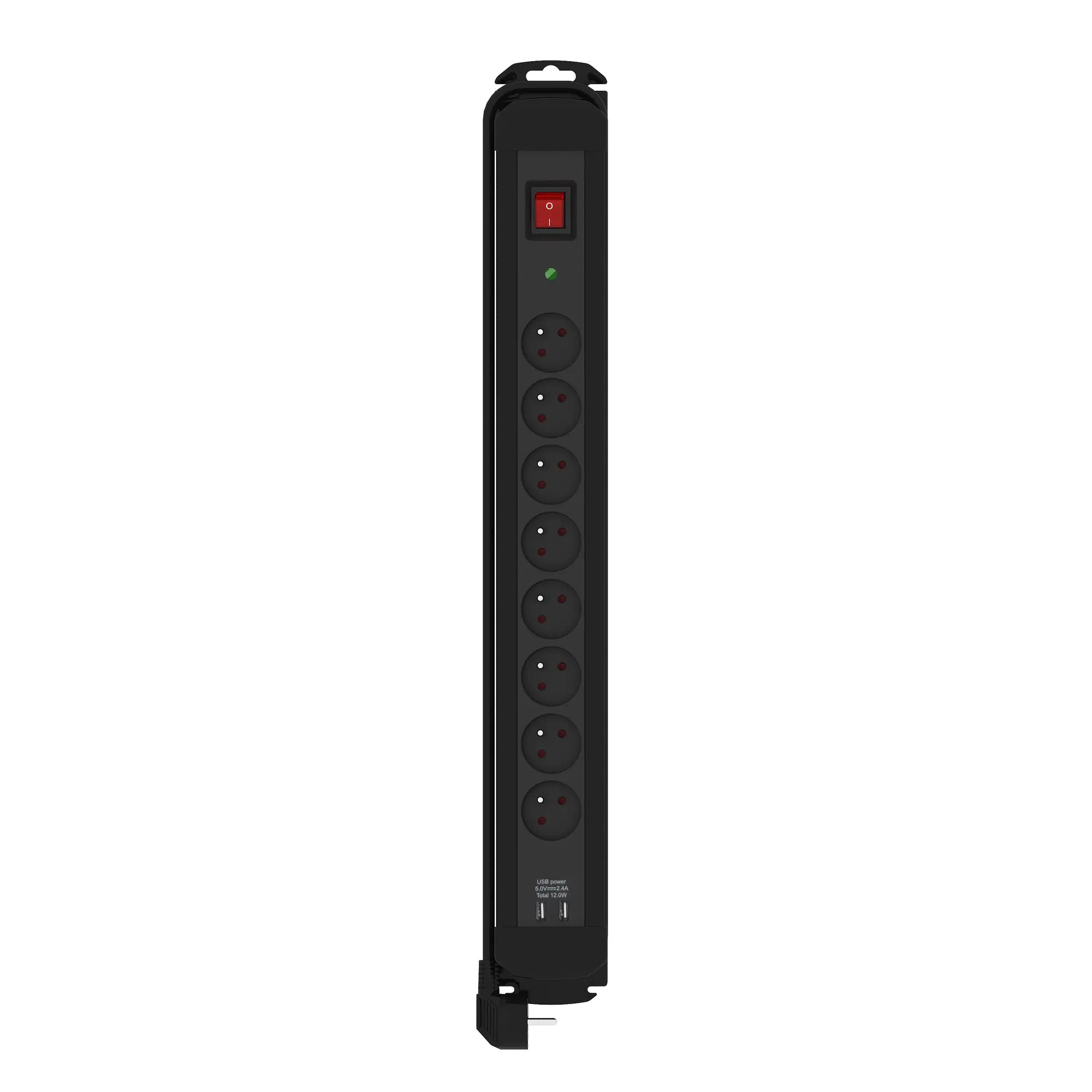 Multiprise 8 prises parafoudre vertical USB 2m noir