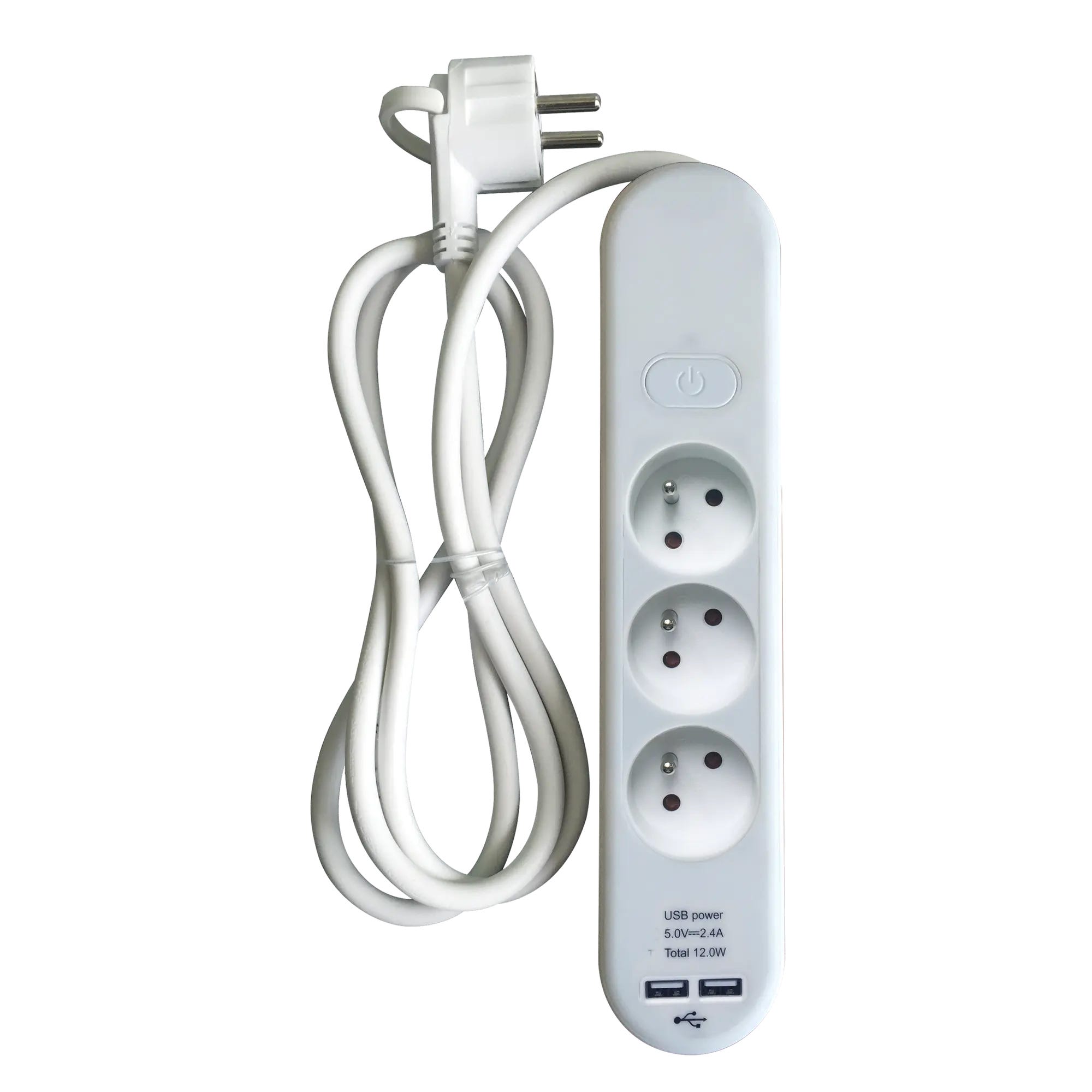 Multiprise USB filaire avec interrupteur, 3 prises + 2 USB-A blanc, 1.5M,  LEXMAN