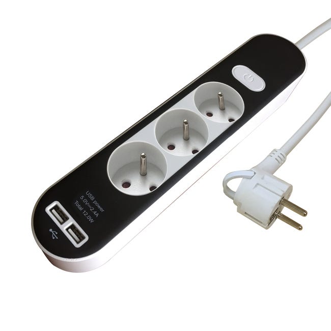 Multiprise USB filaire avec interrupteur, 3 prises + 2 USB-A blanc