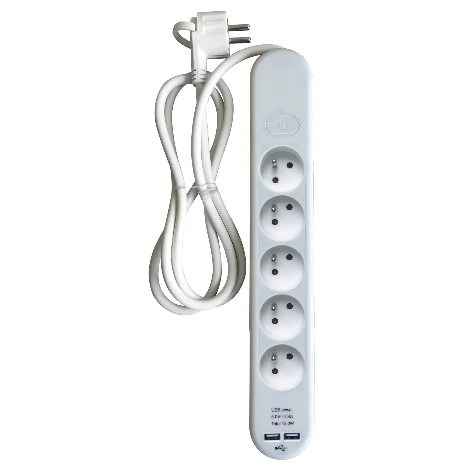 Multiprise USB filaire avec interrupteur, 5 prises + 2 USB-A blanc, 1.5M,  LEXMAN