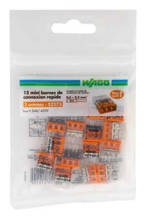 Lot de 15 bornes automatiques à cliquet S222 - 3 entrées - fils rigides et  souples 4mm² max - Orange - Wago