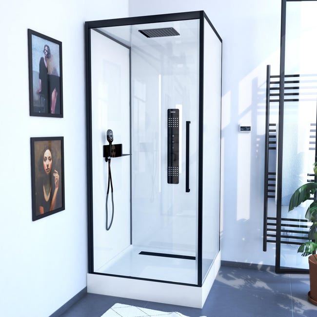 Cabine de douche L.90 x l.90 cm noir, verre transparent, Urban