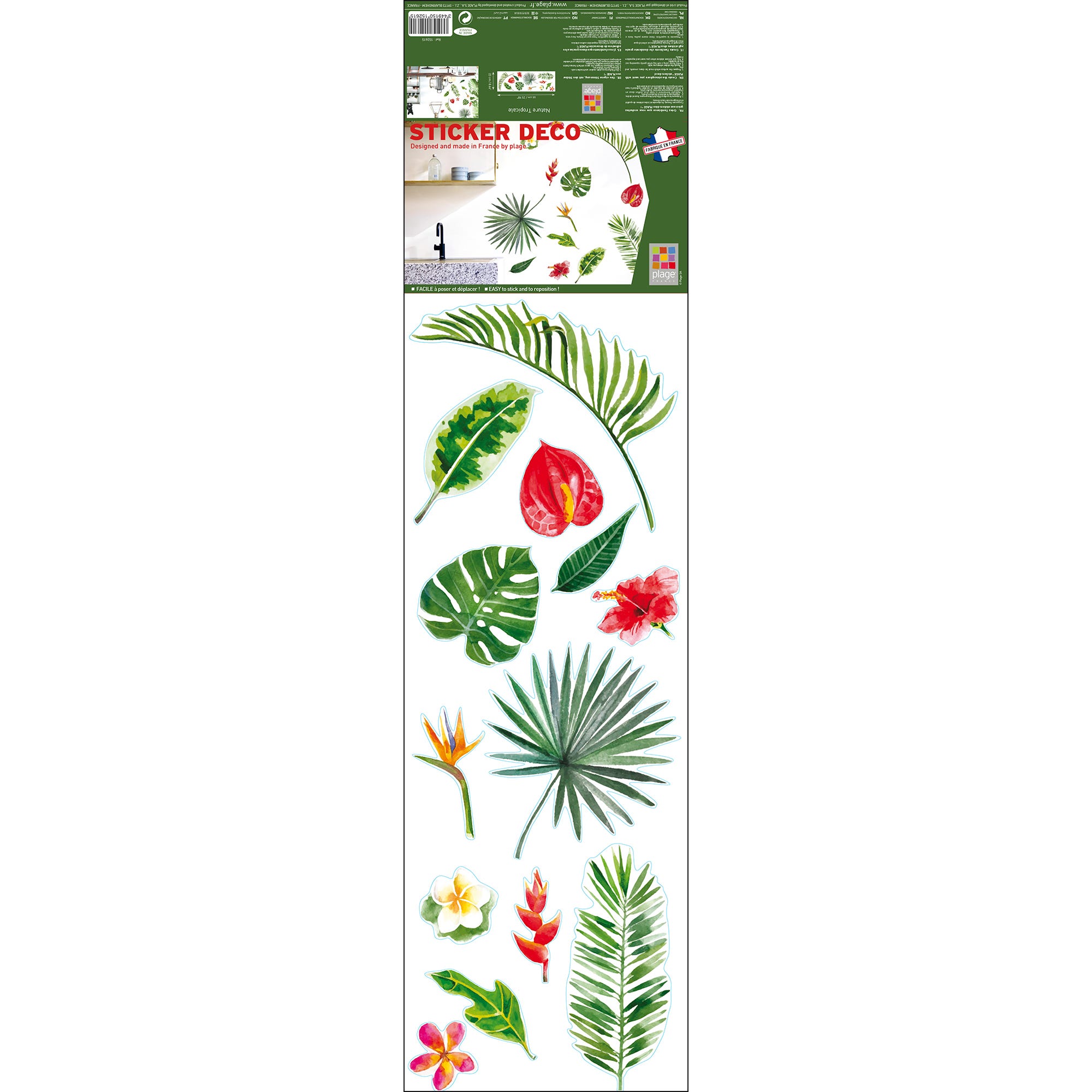 Stickers adhésifs Nature tropicale, vert, 24 cm x 68 cm