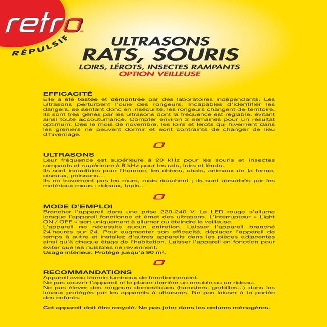 RÉPULSIF ULTRASONS RATS - SOURIS - LOIRS - LÉROTS - ARAIGNEES - PROTEGE  280m²