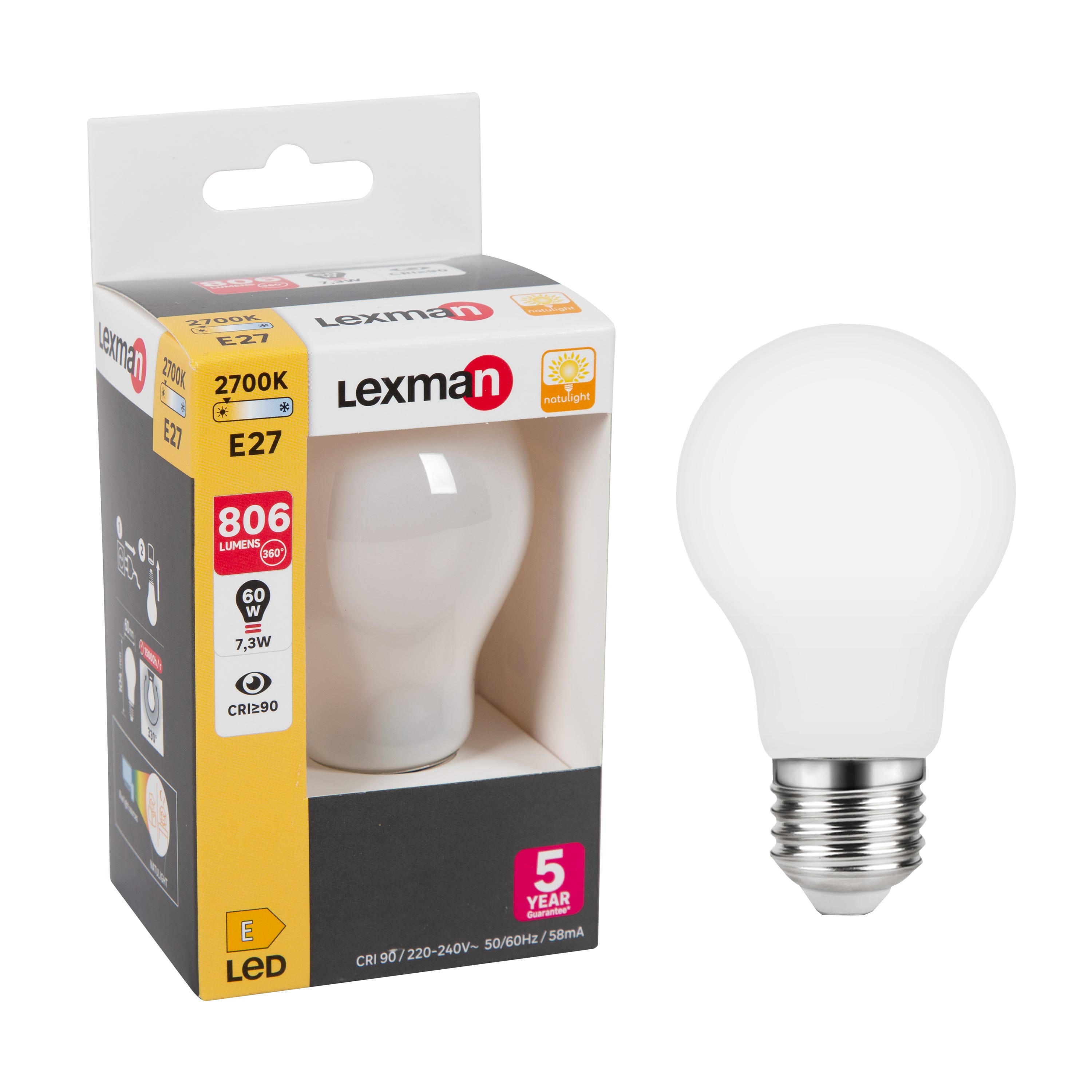 Lot de 3 ampoules led, plastique, E27, 806lm = 60W, blanc chaud, LEXMAN