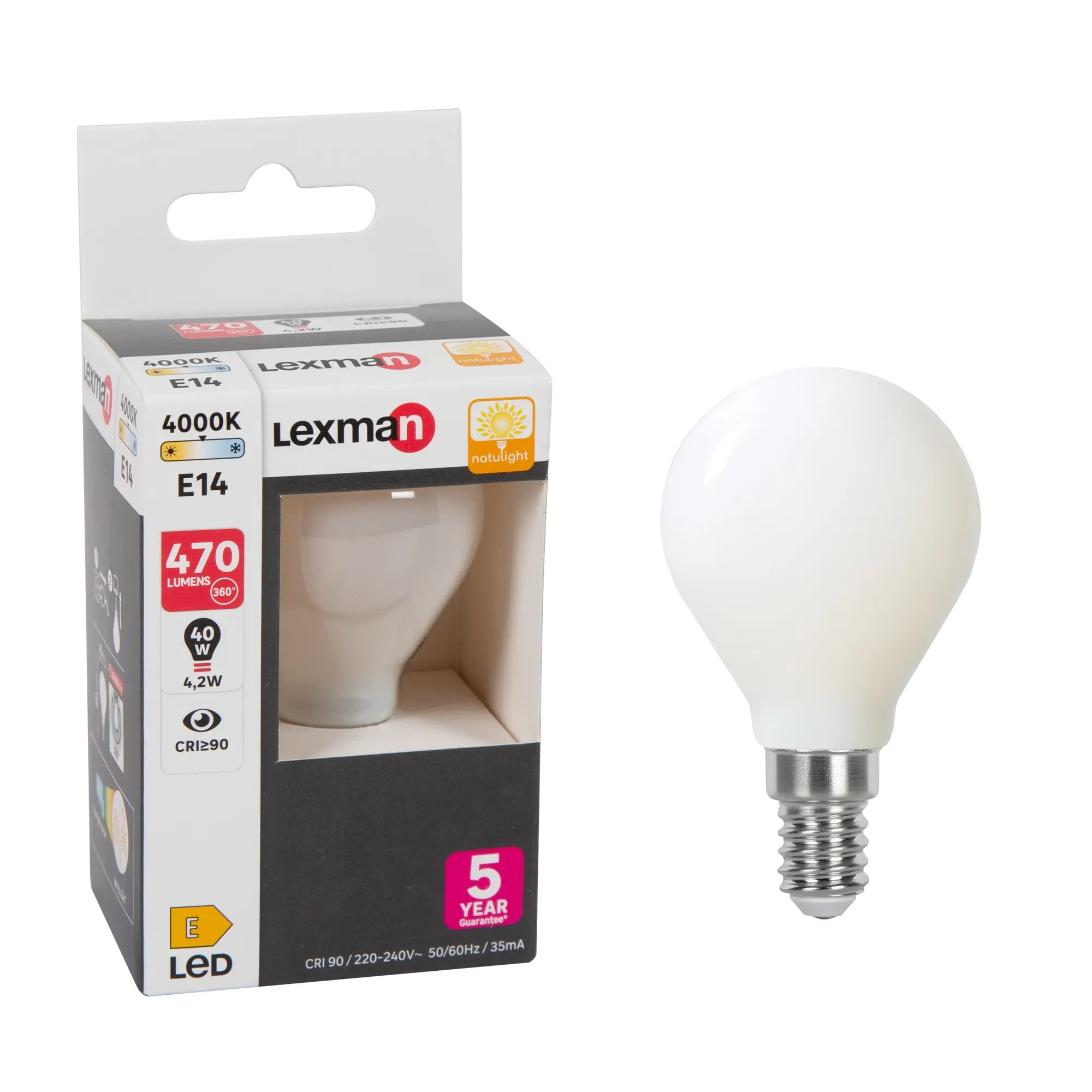 Ampoule led, sphérique, E14, 806lm = 60W, blanc neutre, LEXMAN