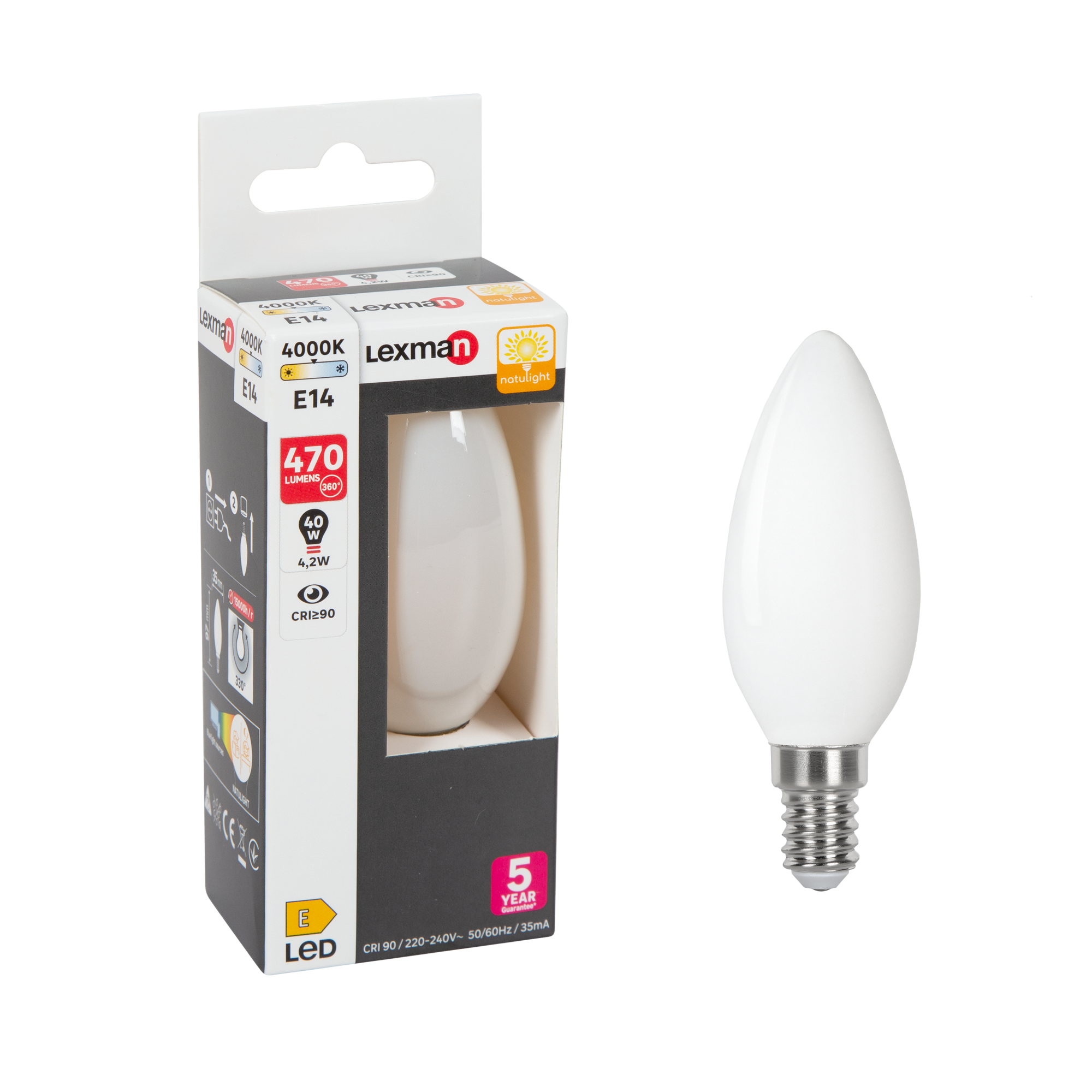 Ampoule led flamme E14, 470Lm = 40W, blanc neutre, Natulight, LEXMAN
