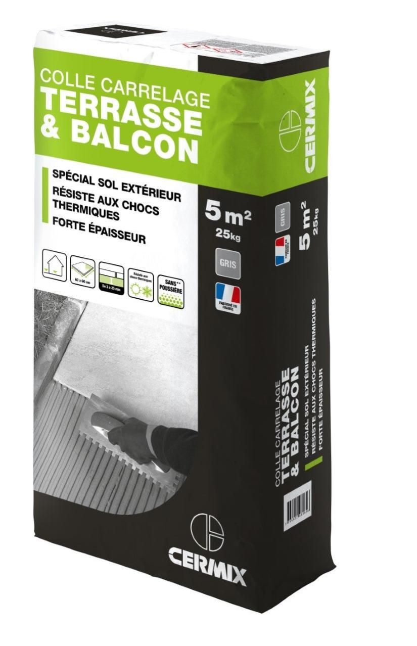 Mortier colle carrelage terasse et balcon poudre CERMIX gris 25