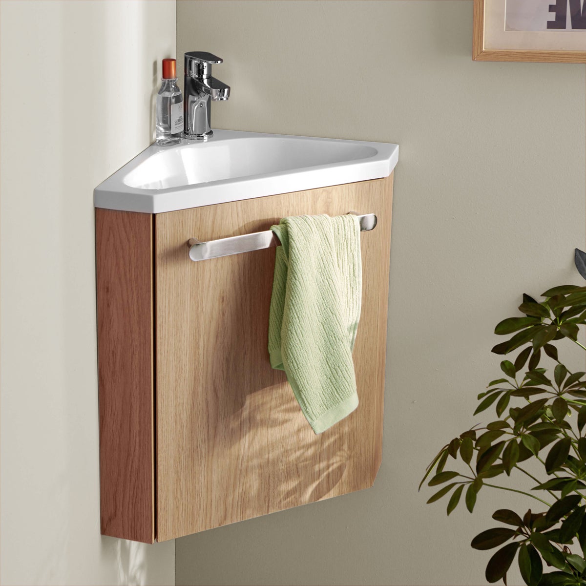 Meuble lave-mains d'angle décor chêne SKINO avec vasque en résine de  synthèse