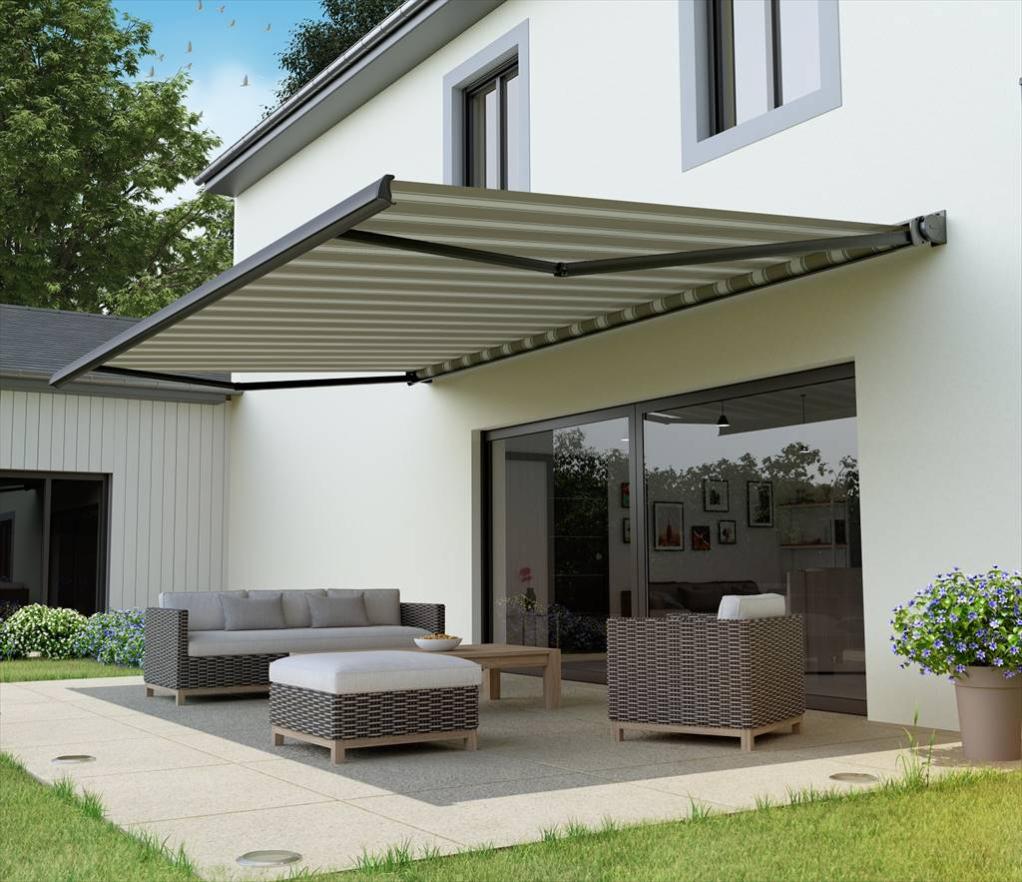 Store banne motorisé 5 x 3.5 m, Calvi XL gris LED, toile jazz taupe