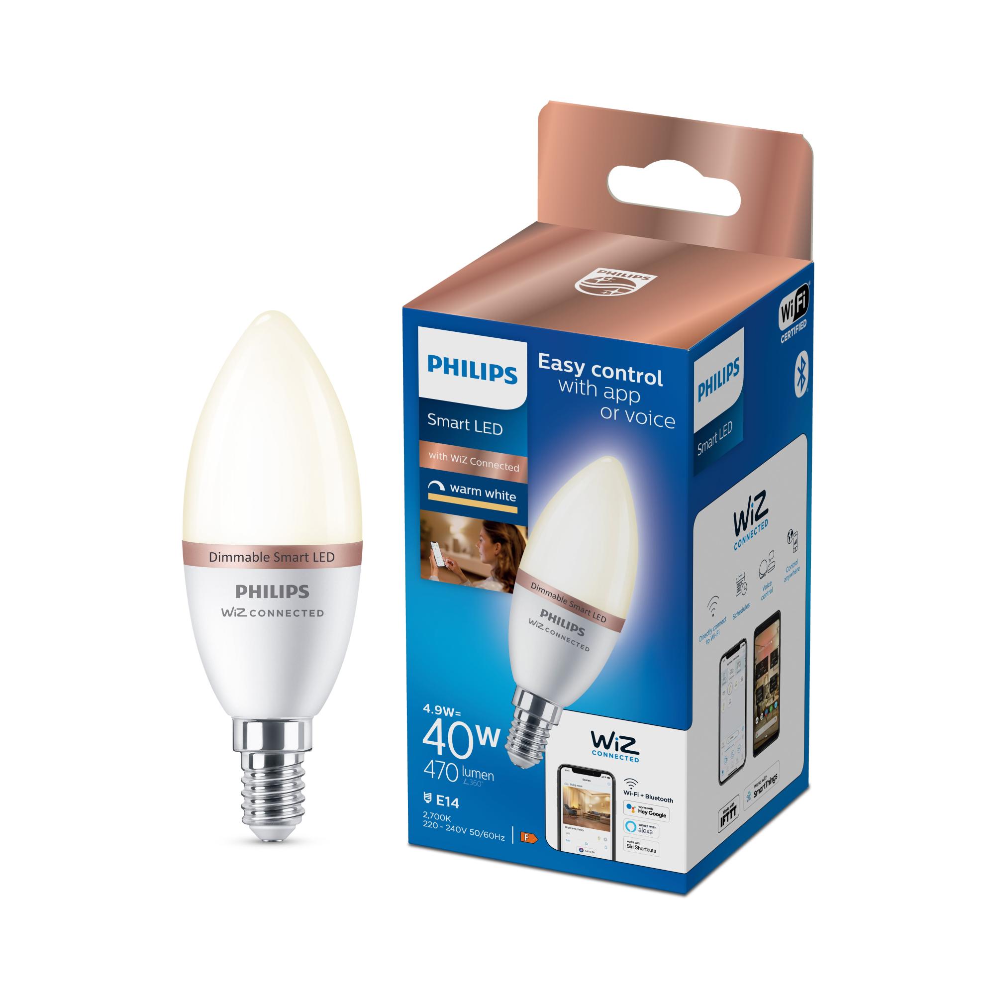 Ampoule led connectée flamme E14, 470Lm = 40W, blanc chaud, PHILIPS