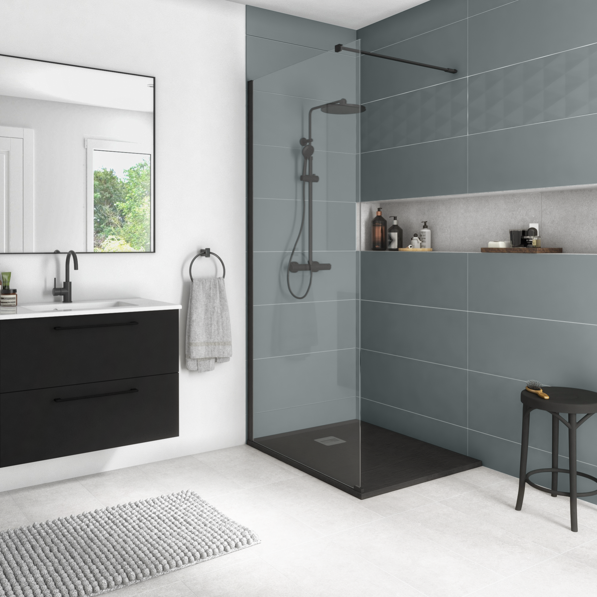 Douche italienne receveur remix noir 80X100 cm + paroi Remix VT noir