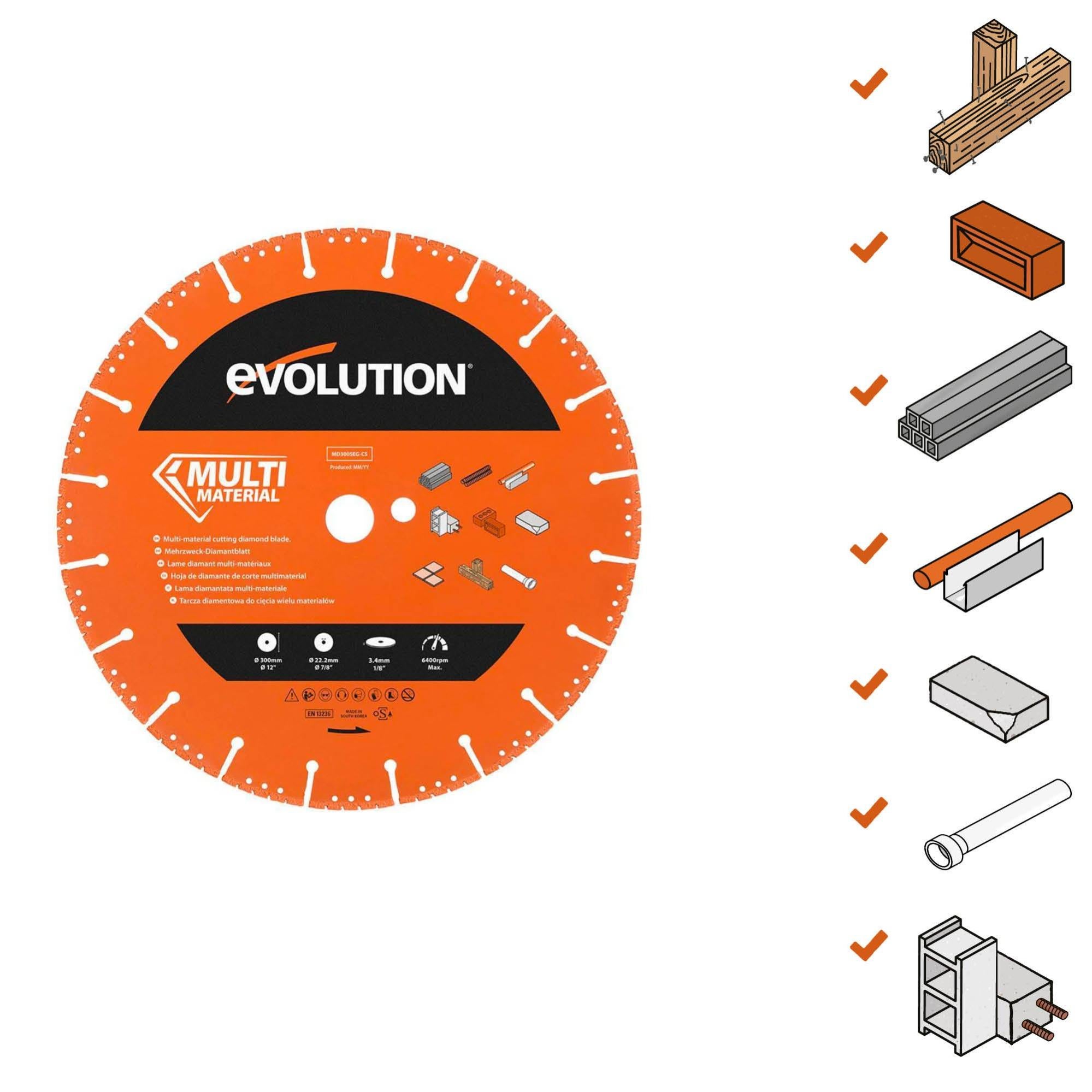 Evolution Lame Diamant Multi-Matériaux 300mm - Coupe Béton, Métal, Carrelage - Pour Scie Béton