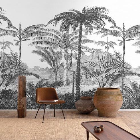 Papier peint panoramique Palm Scenery noir et blanc, l.159 x H.280 cm
