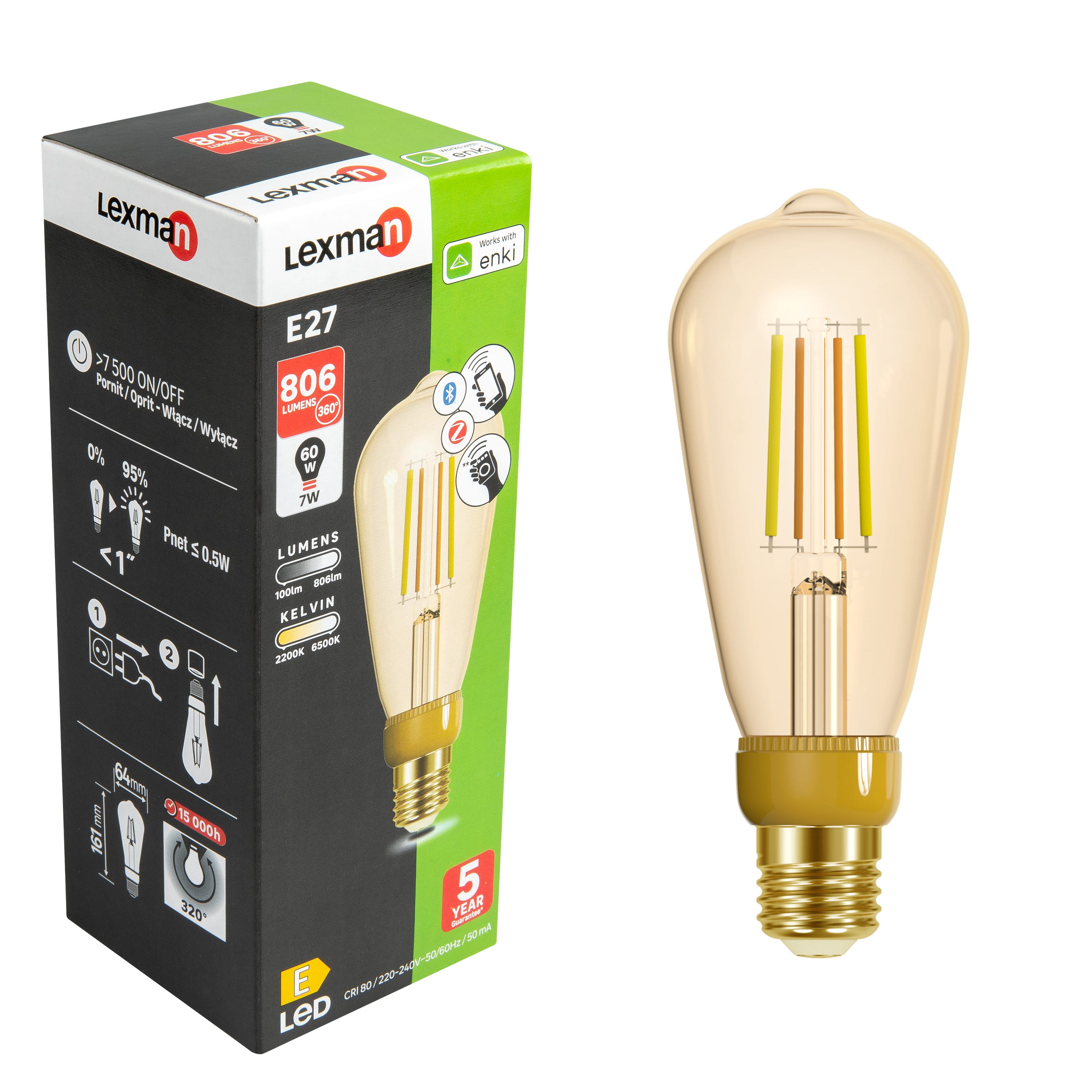 Ampoule led décorative, Edison, E27, 806lm = 60W, blanc très chaud, LEXMAN