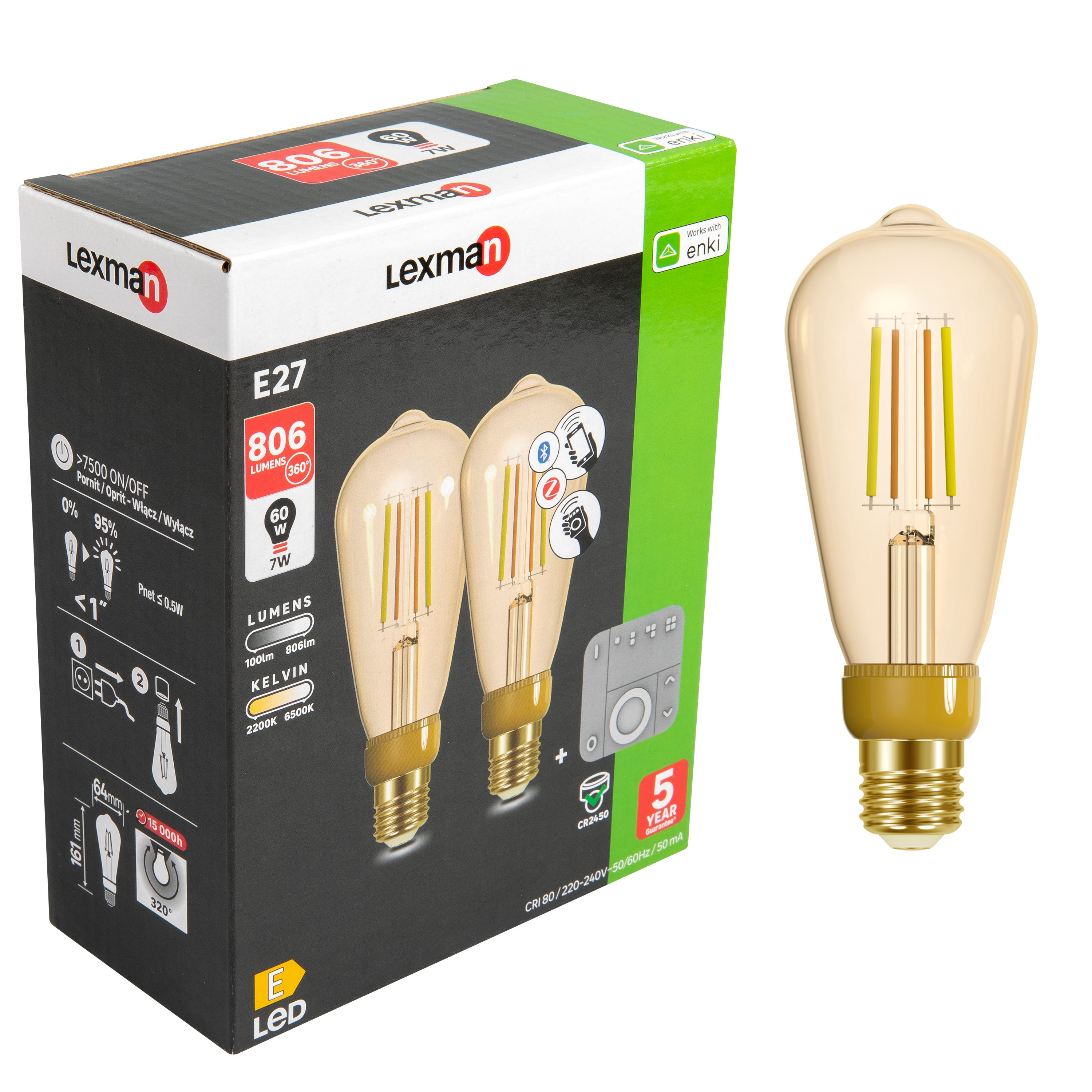 2 ampoules led connectées Edison E27, 806Lm, variation de blancs, LEXMAN  ENKI