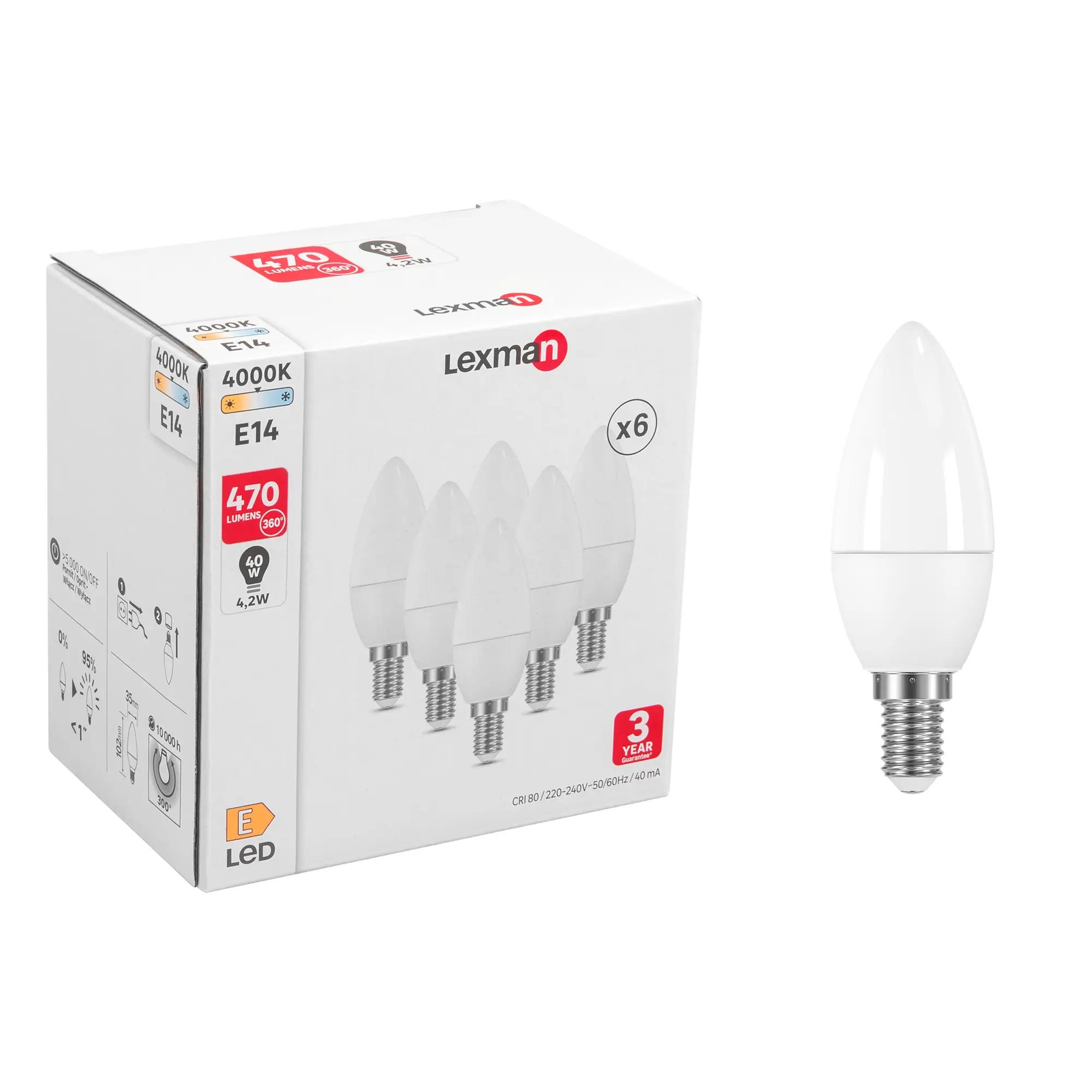 Lot de 10 ampoules LED E14 flamme 4,9W 470Lm 3000K - garantie 2 ans -  Eclairages intérieur/Ampoules LED flamme - arc-group