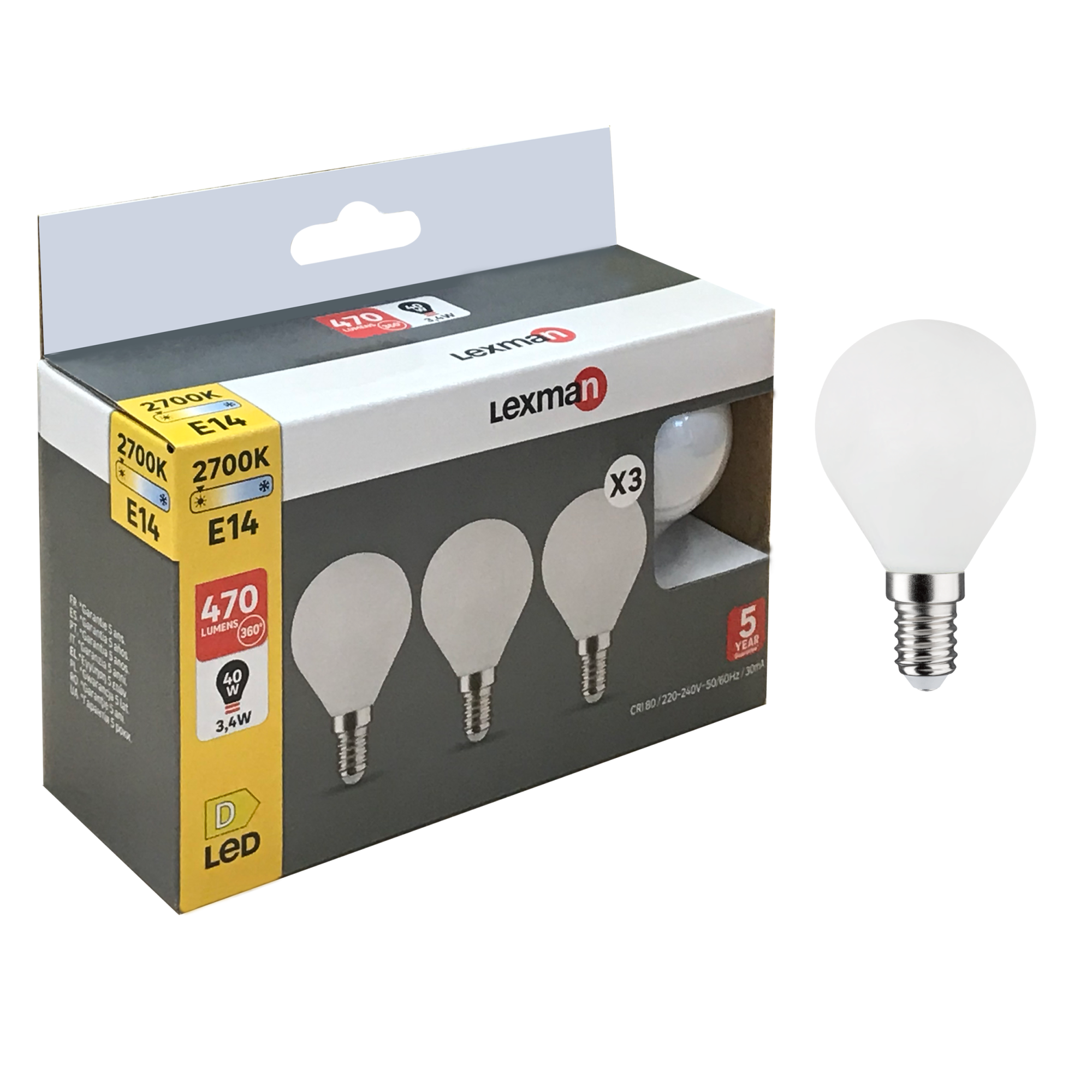 Lot de 3 ampoules led, sphérique E14, 470lm = 40W, blanc chaud, LEXMAN