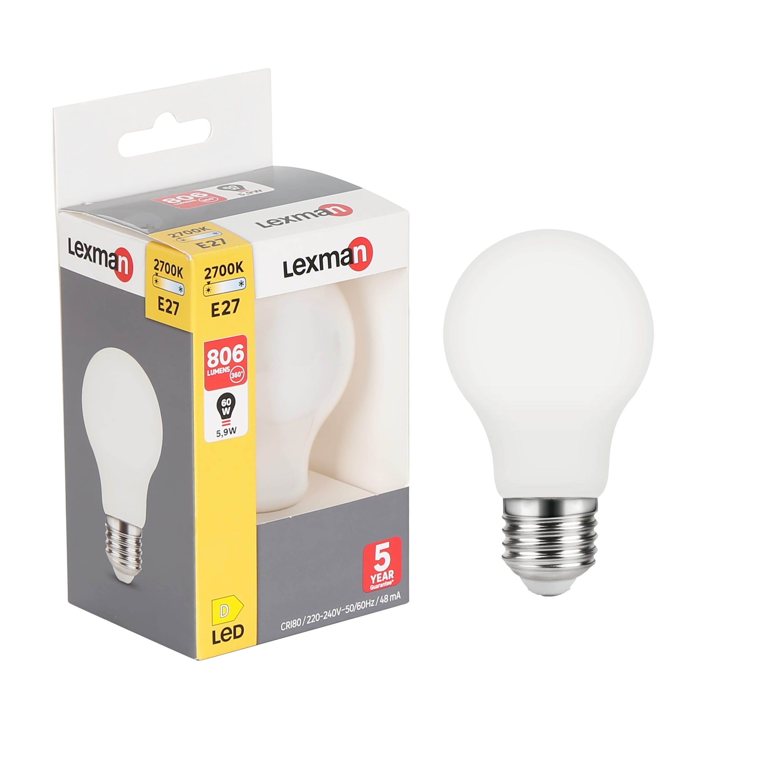 Lot de 3 ampoules led, plastique, E27, 806lm = 60W, blanc chaud, LEXMAN