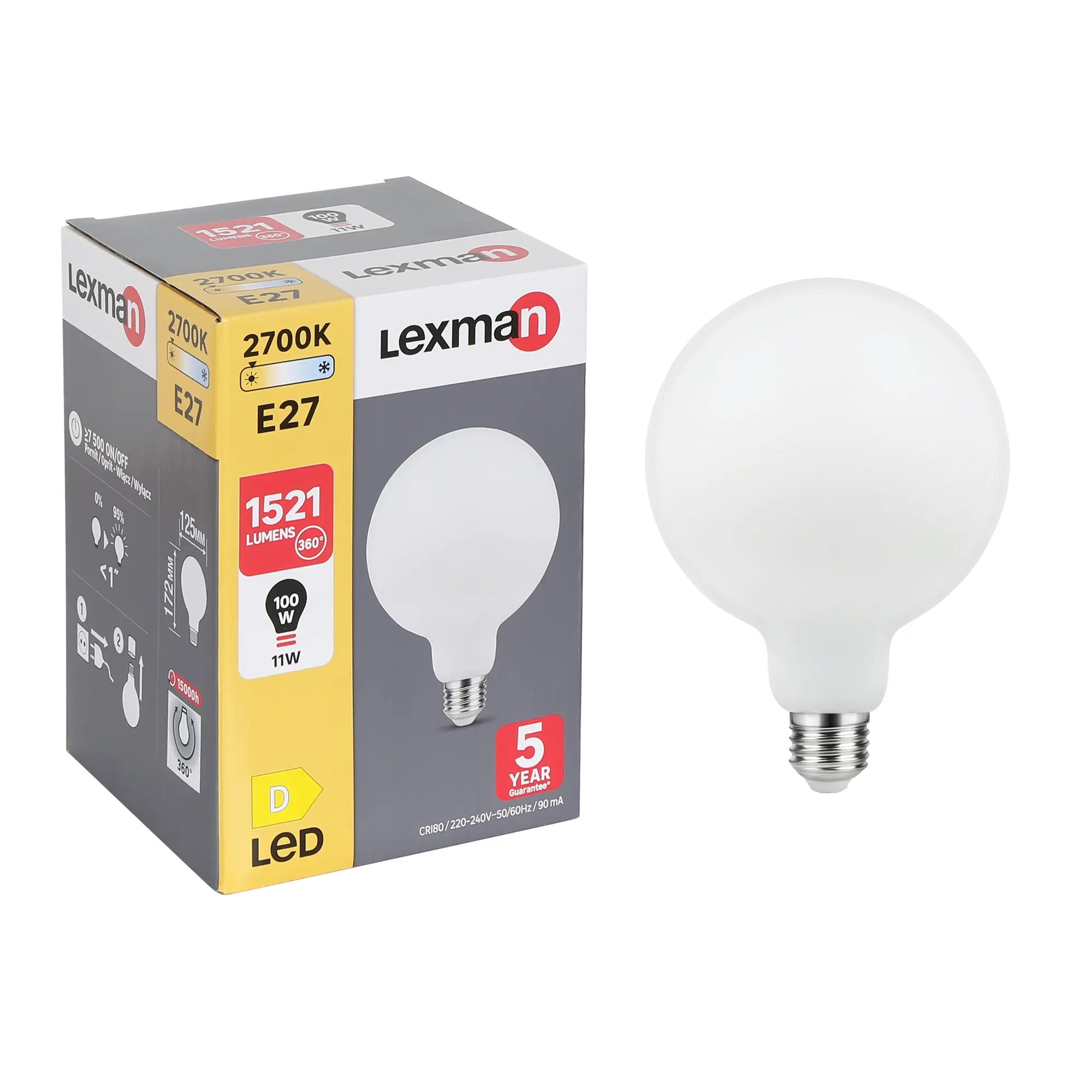 Ampoule led globe 125 mm E27, 1521Lm = 100W, blanc chaud, LEXMAN