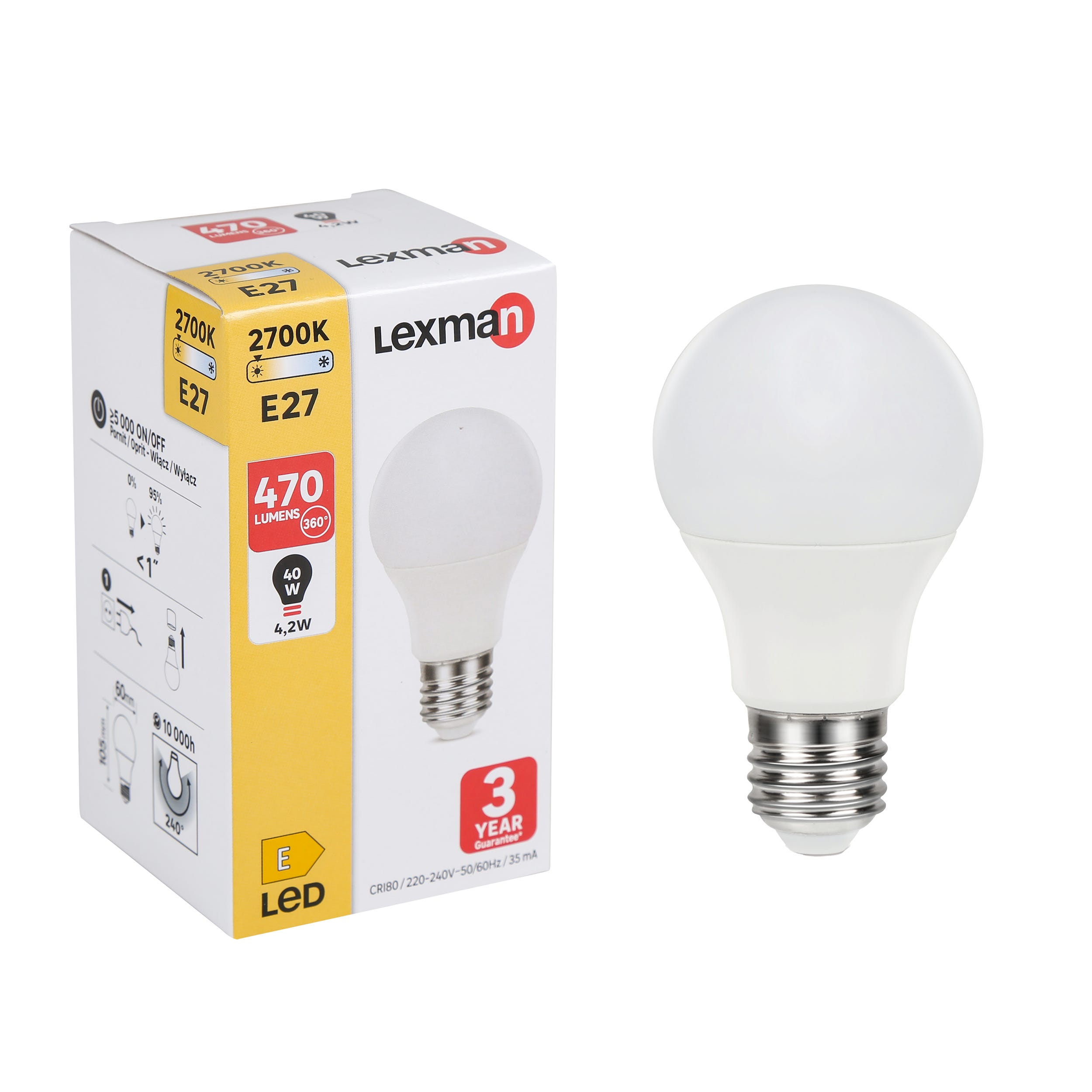 Ampoule led plastique, E27, 470Lm = 40W, blanc chaud, LEXMAN