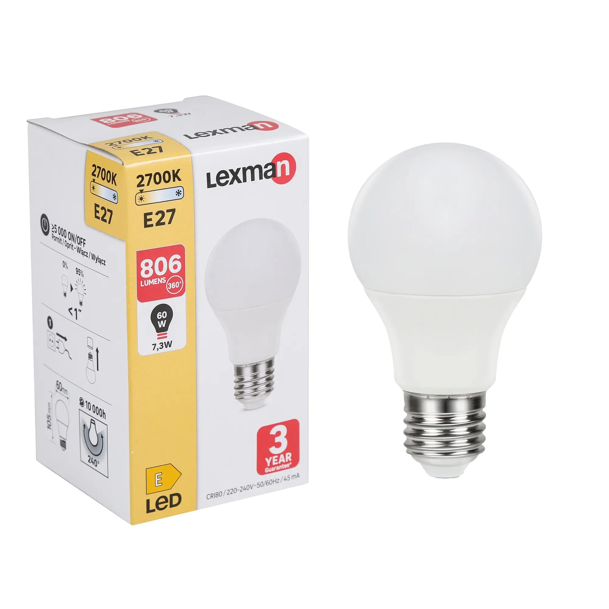 Ampoule led, E27, 806lm = 60W, blanc chaud, LEXMAN