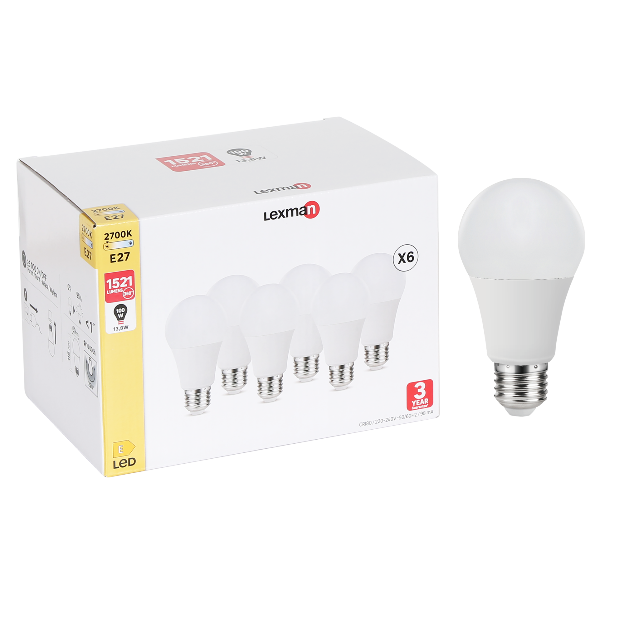 Lot de 6 ampoules led plastique, E27, 1521Lm = 100W, blanc chaud