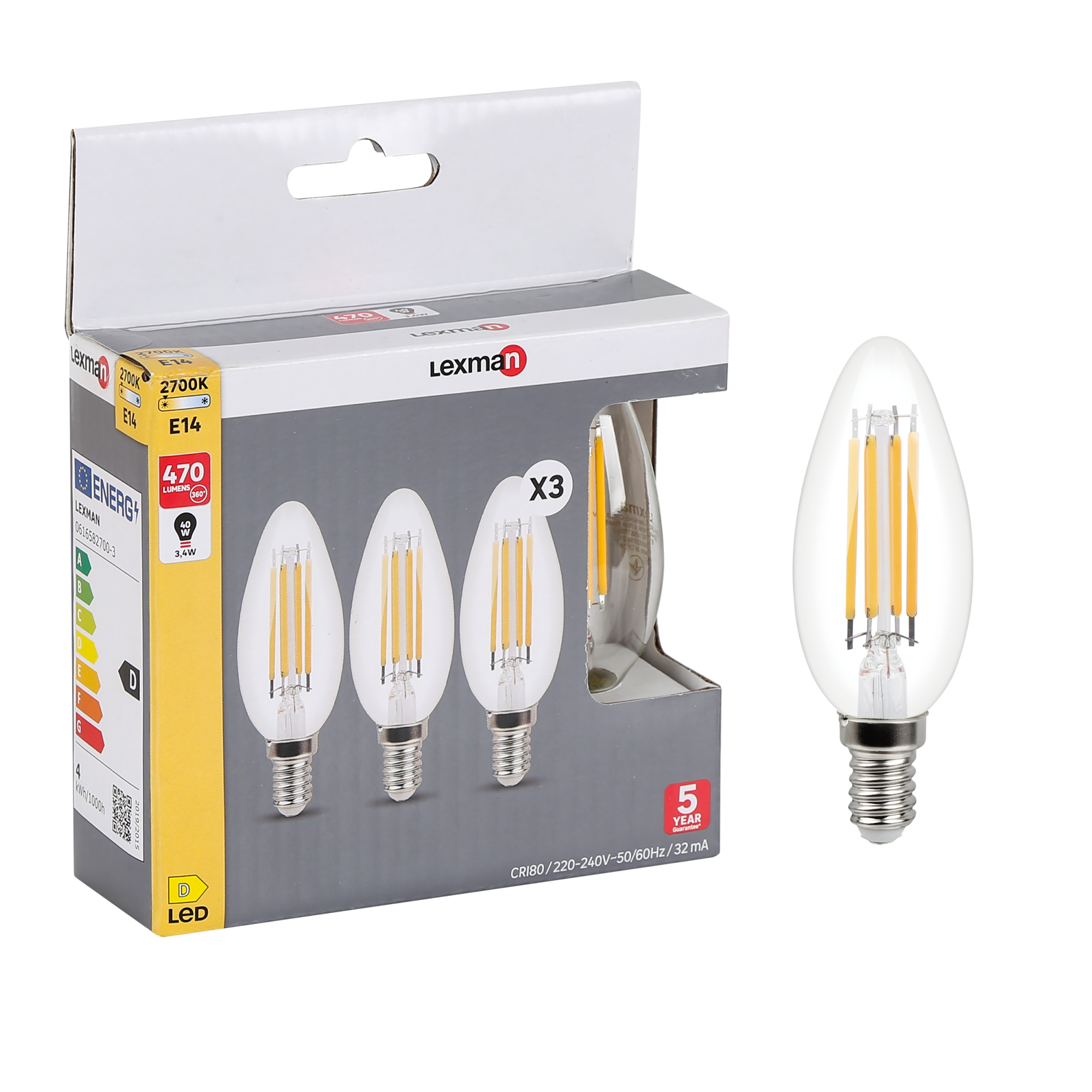 Lot de 3 ampoules led à filament flamme E14, 470Lm = 40W, blanc chaud