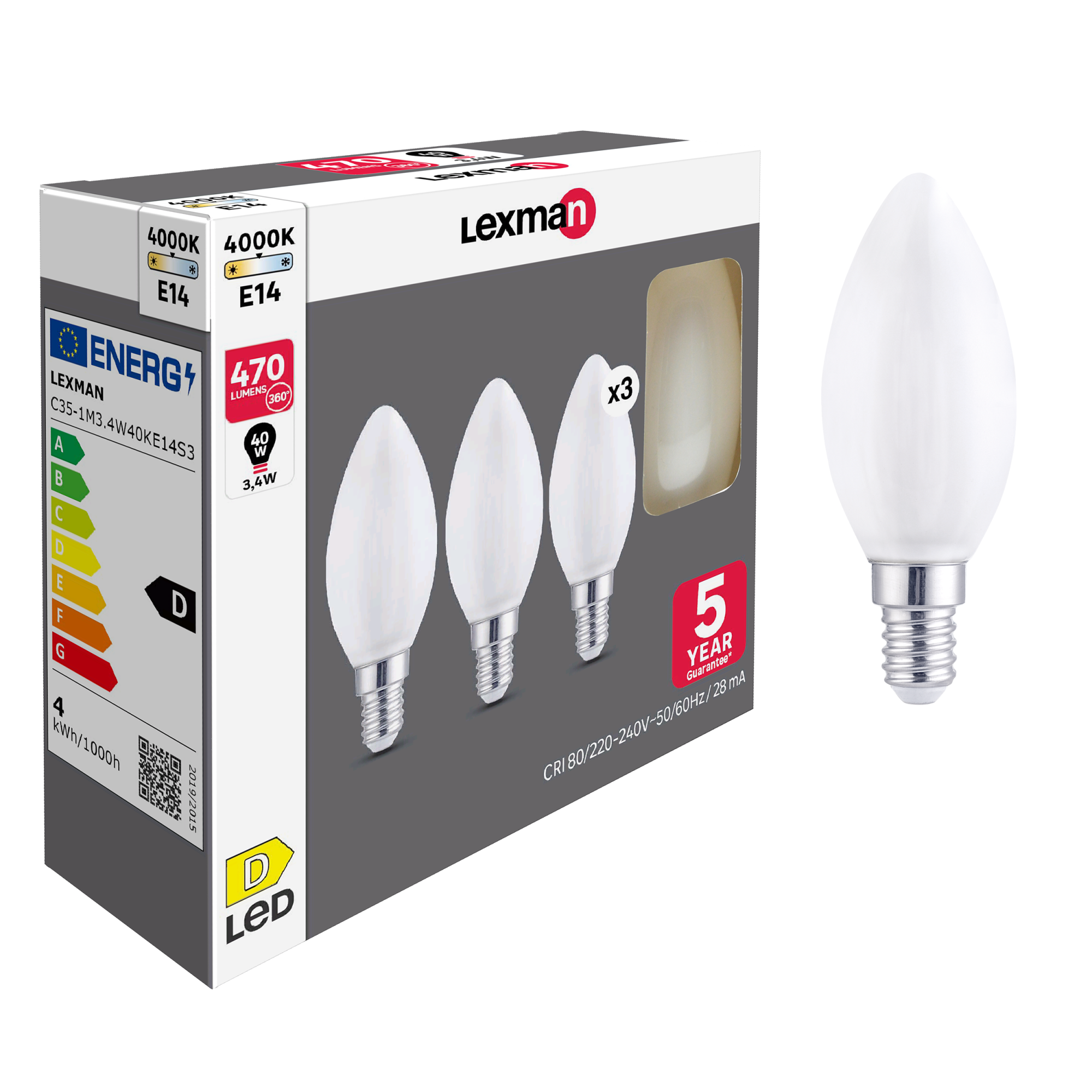 Lot de 3 ampoules led, flamme E14, 470lm = 40W, blanc neutre, LEXMAN