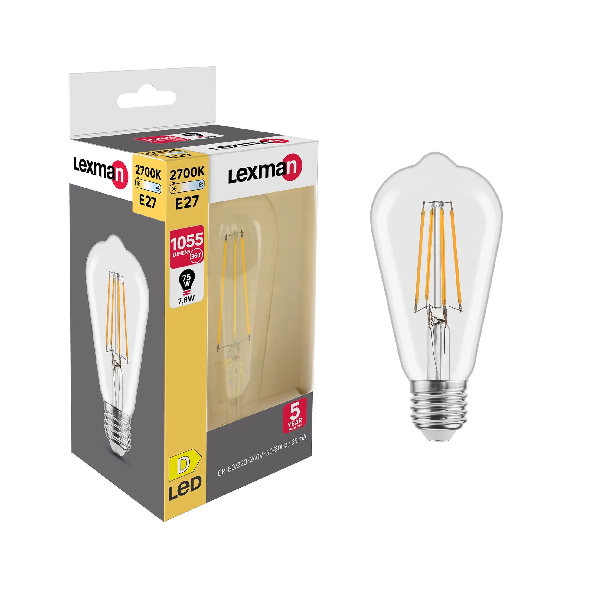 Ampoule led à filament décoratif Edison E27, 1055Lm = 75W, blanc