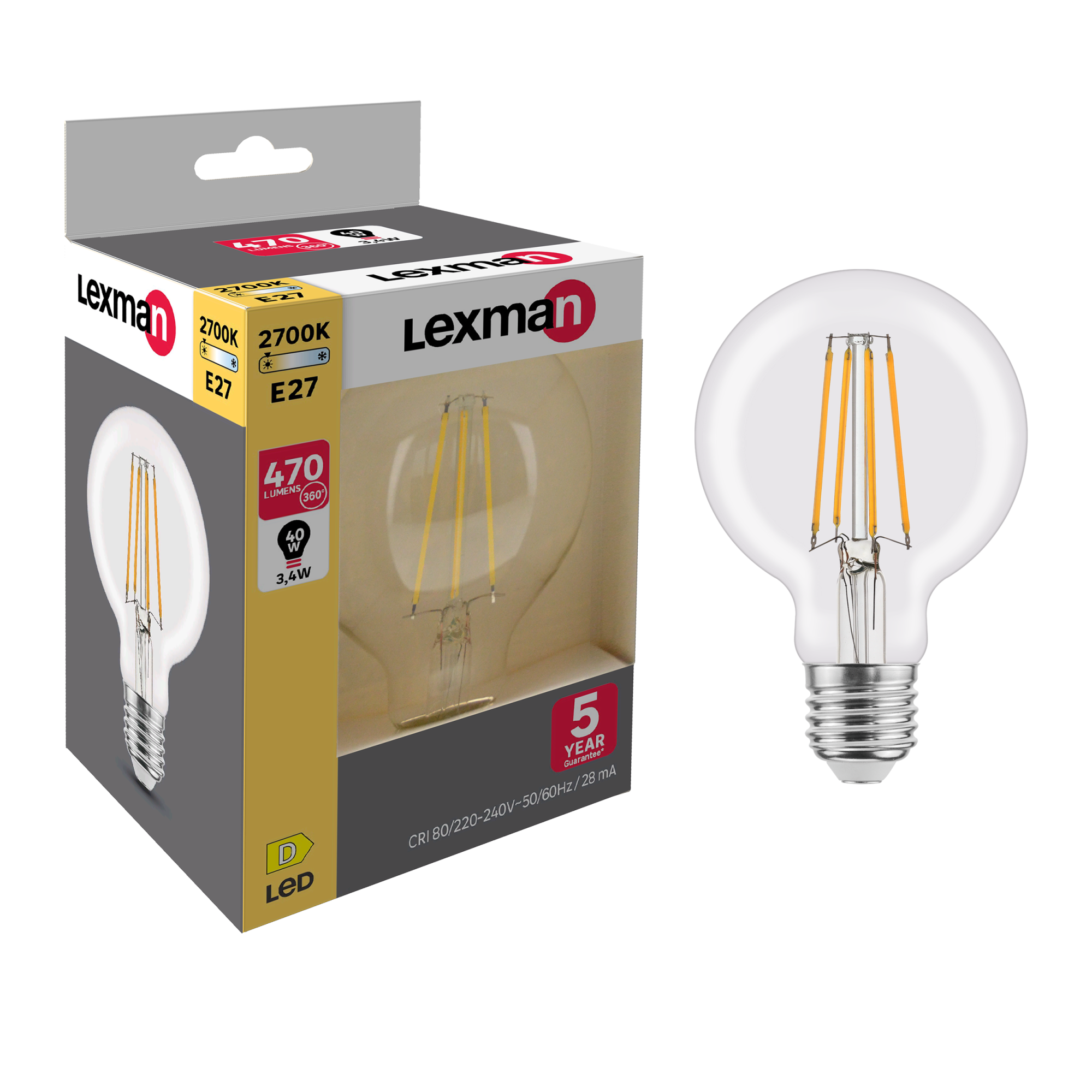 Ampoule led, globe 80mm E27, 470lm = 40W, blanc chaud, LEXMAN Leroy