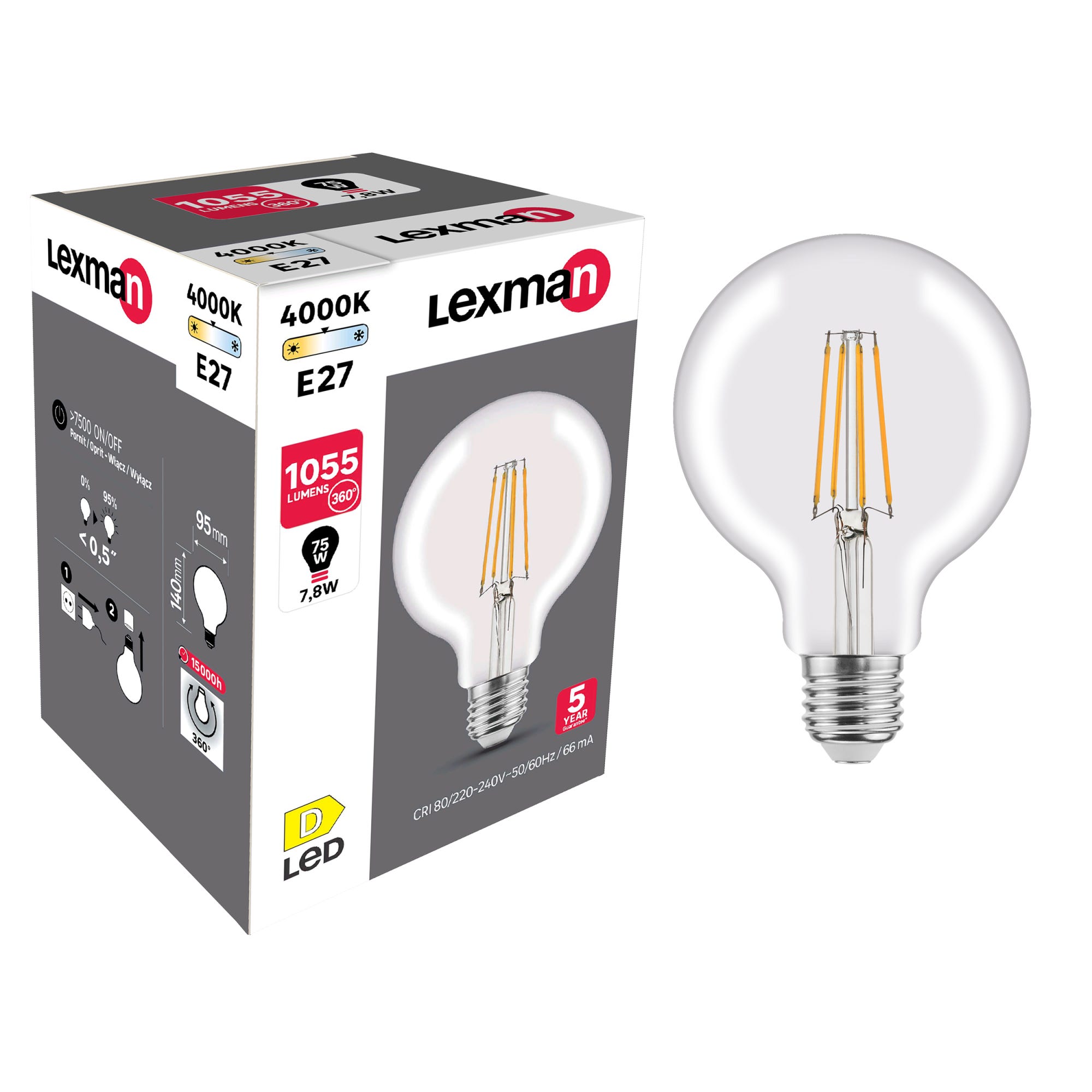 Ampoule led globe 95mm E27 1055lm 75W blanc neutre LEXMAN
