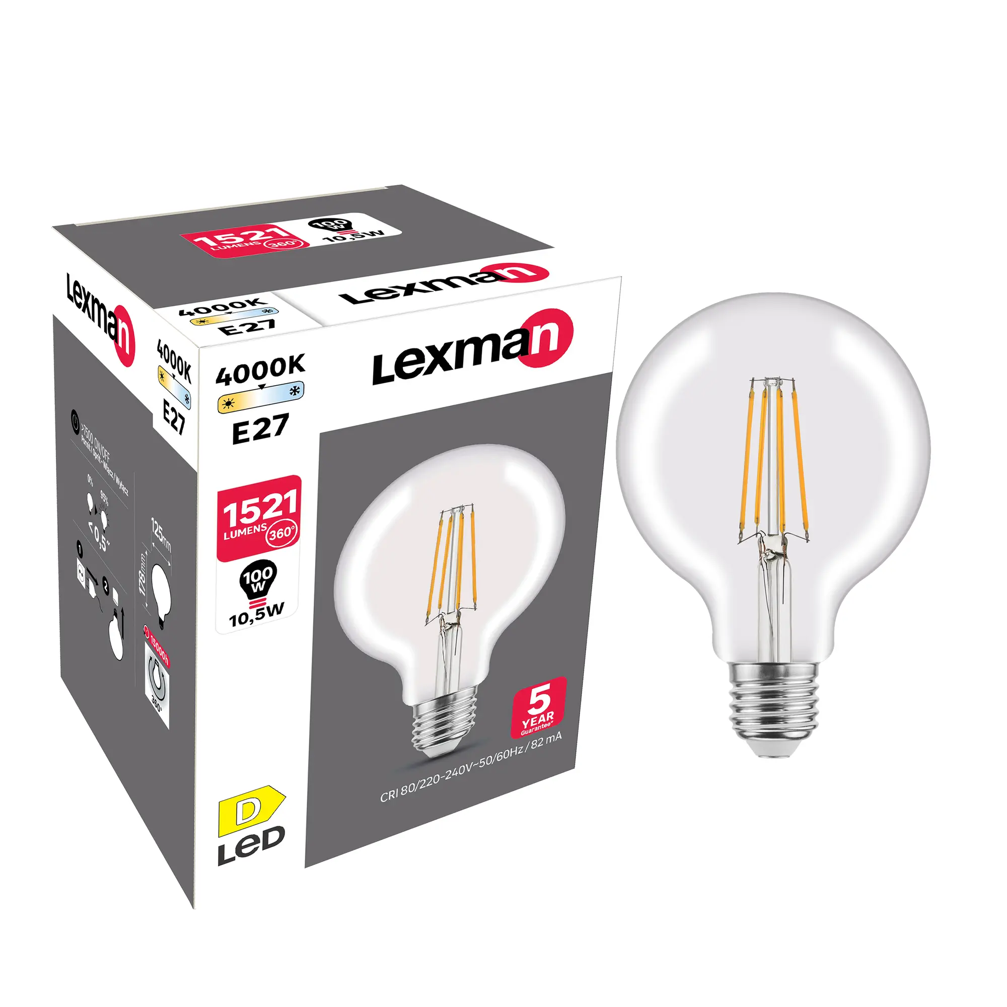 Ampoule led, globe 95mm E27, 1521lm = 100W, blanc neutre, LEXMAN