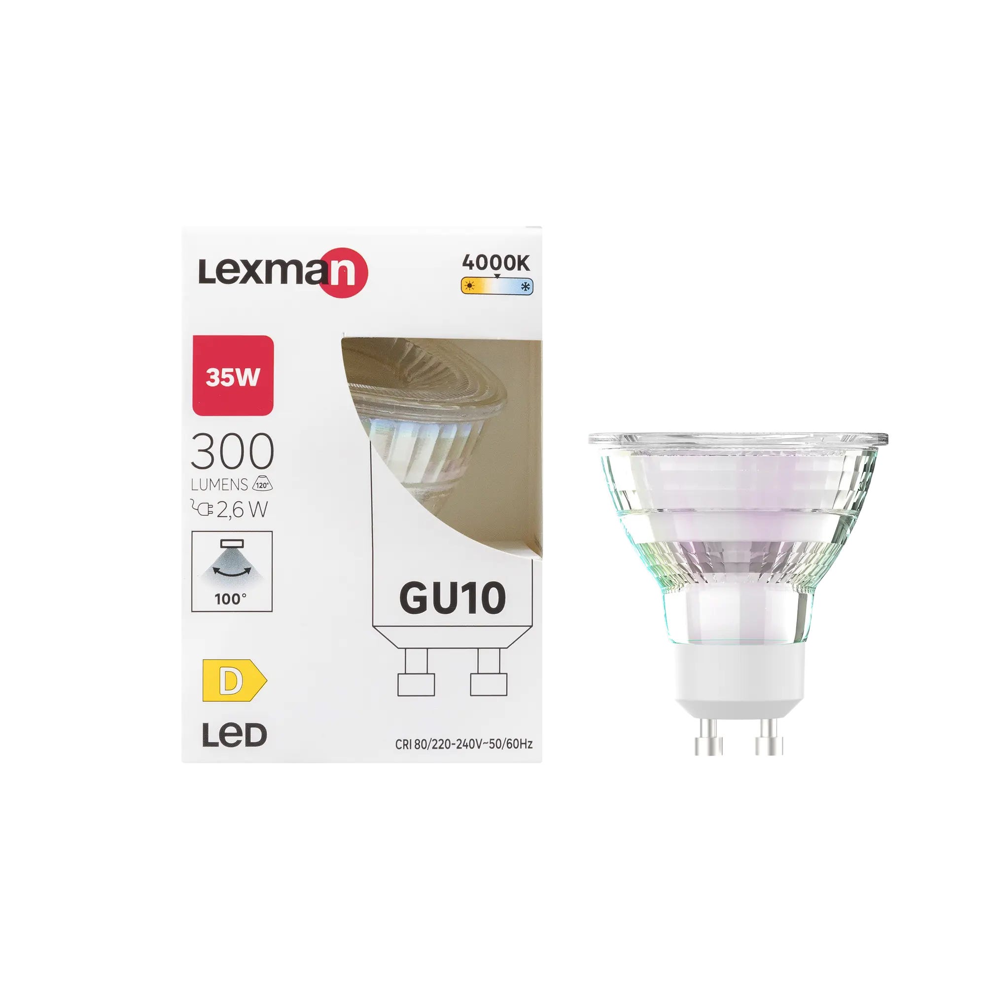 Ampoule led réflecteur GU10, 100°, 300Lm = 35W, blanc neutre, LEXMAN