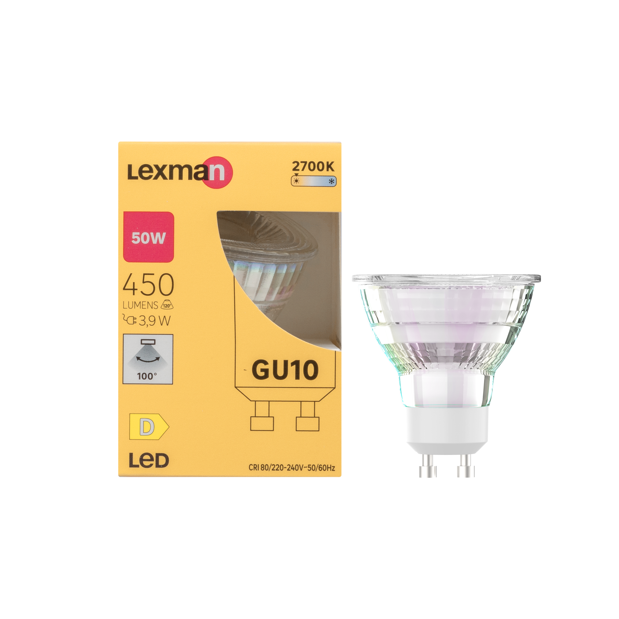 Ampoule led réflecteur GU10, 100°, 450Lm = 50W, blanc chaud, LEXMAN