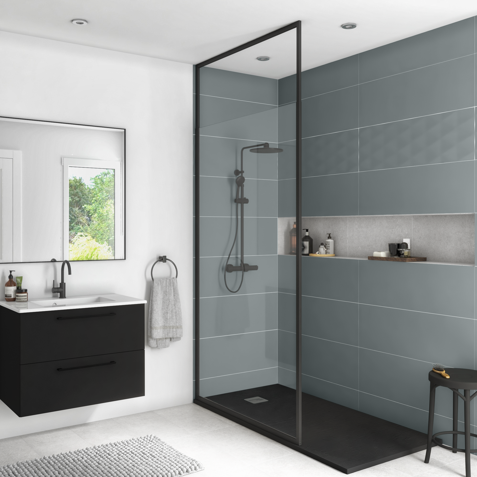 Pack douche italienne receveur remix noir 80x160+paroi transparent Unik